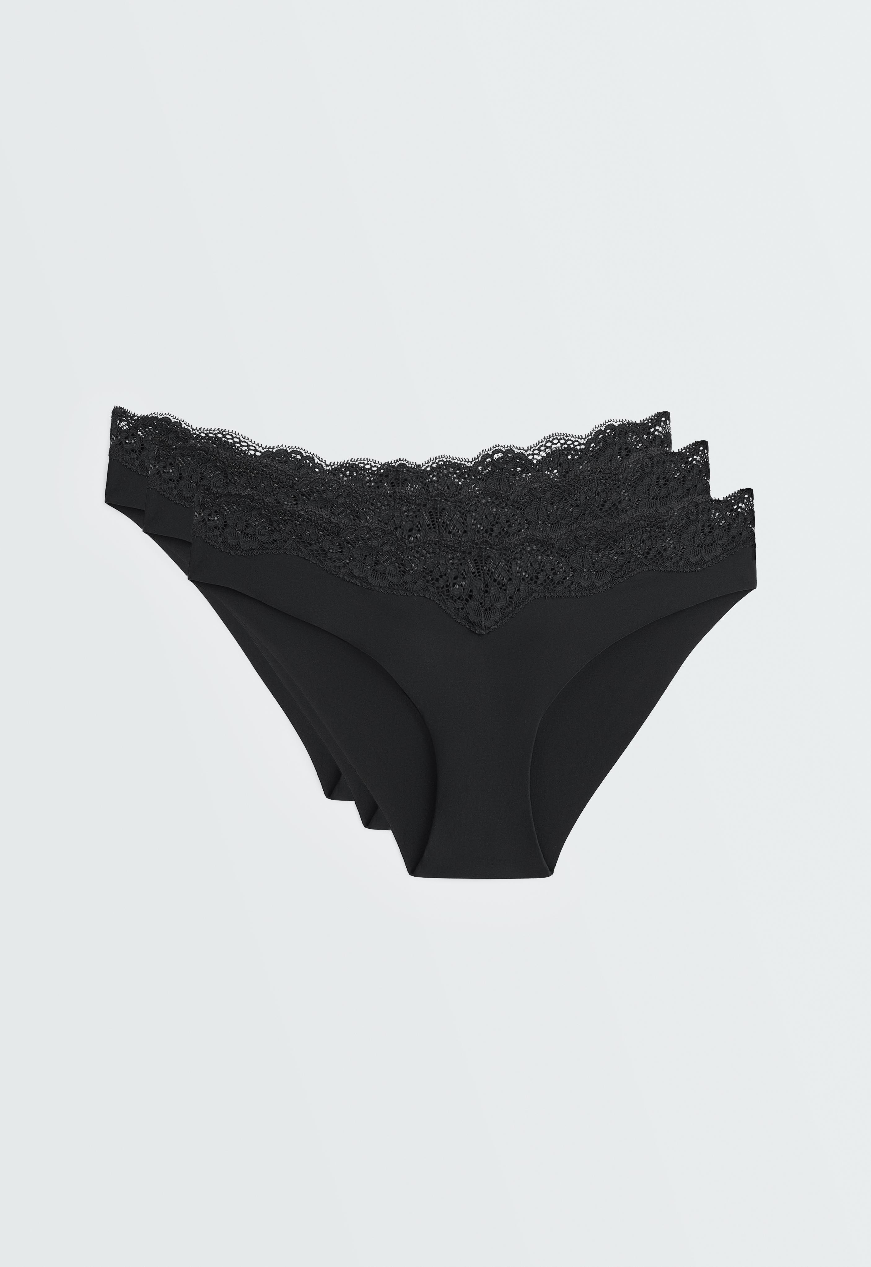 3 laser-cut polyamide blend V-cut lace bikini briefs — BLACK
