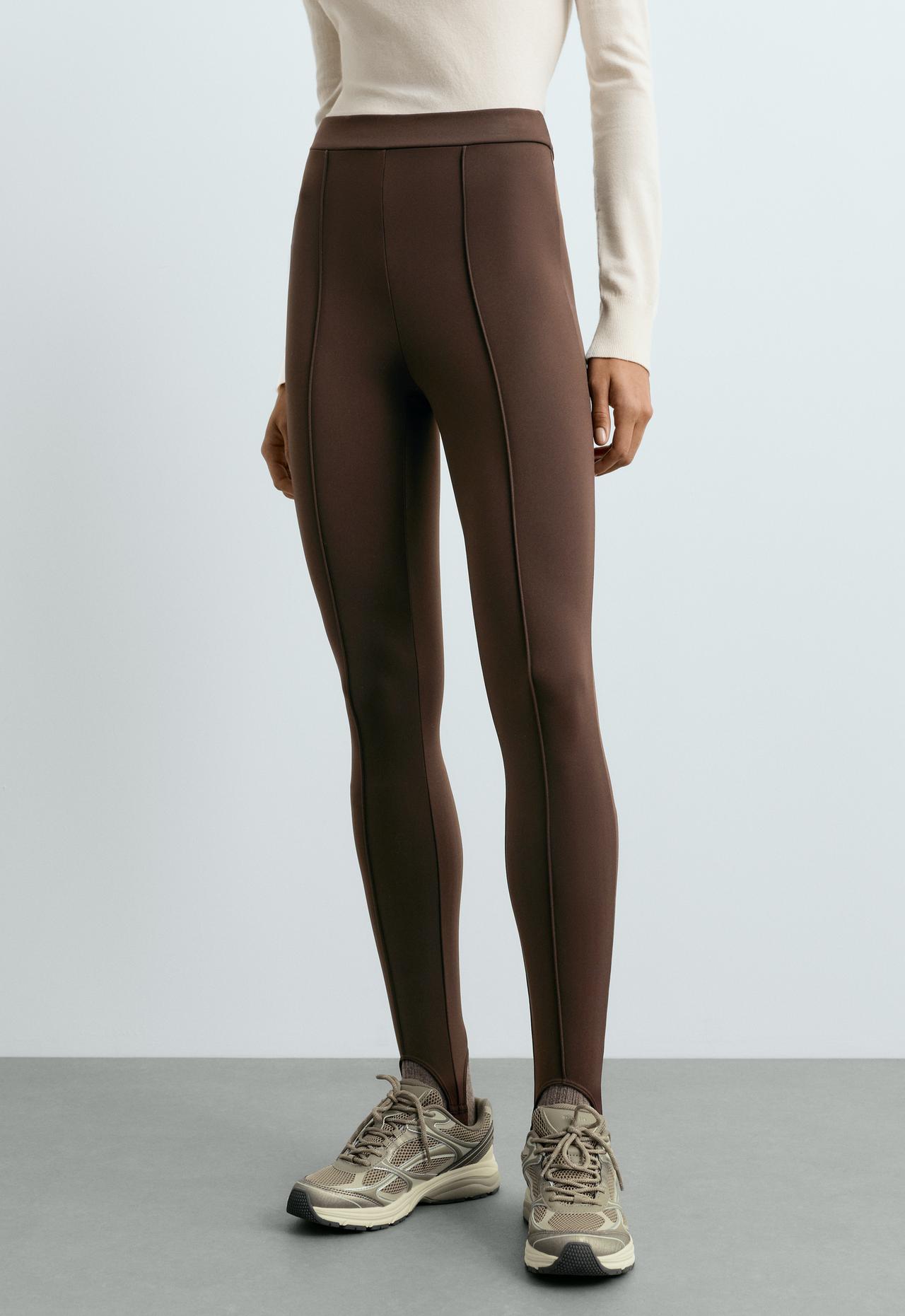 Ankle-length high rise warm stirrup leggings — DARK REDDISH‑BROWN