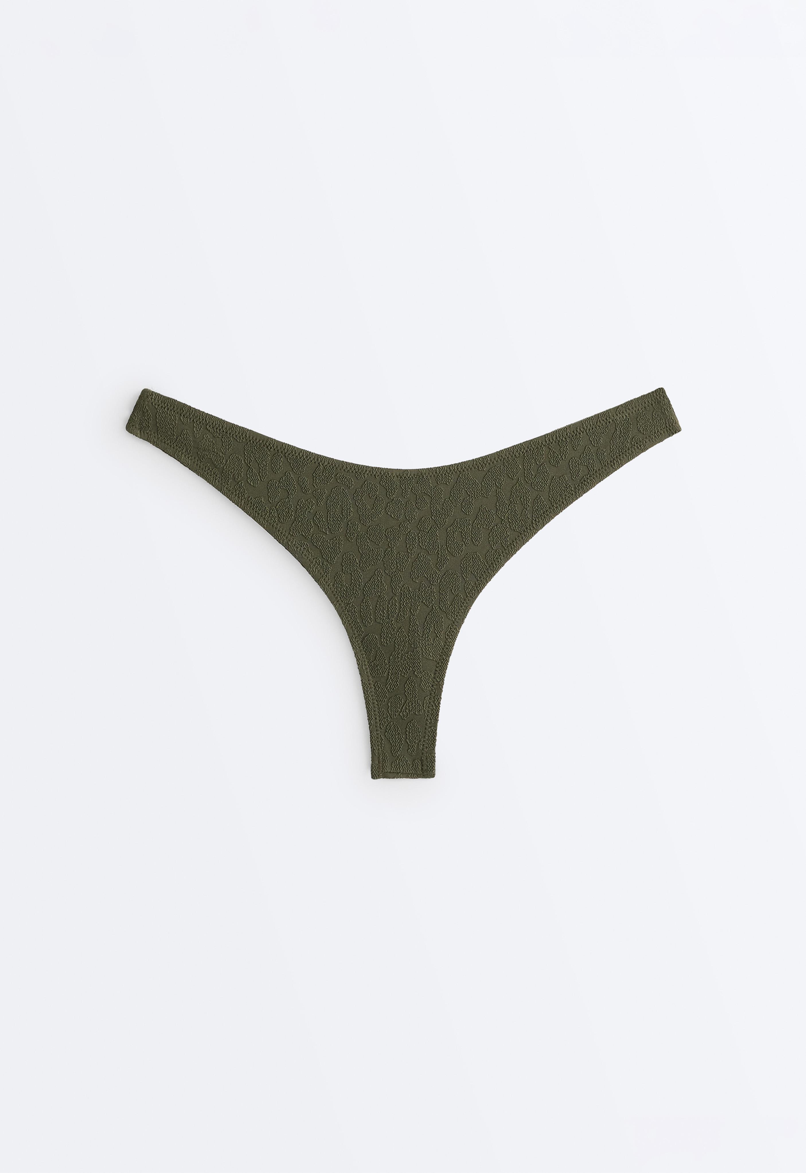 U-cut leopard print textured Brazilian bikini briefs — DARK KHAKI