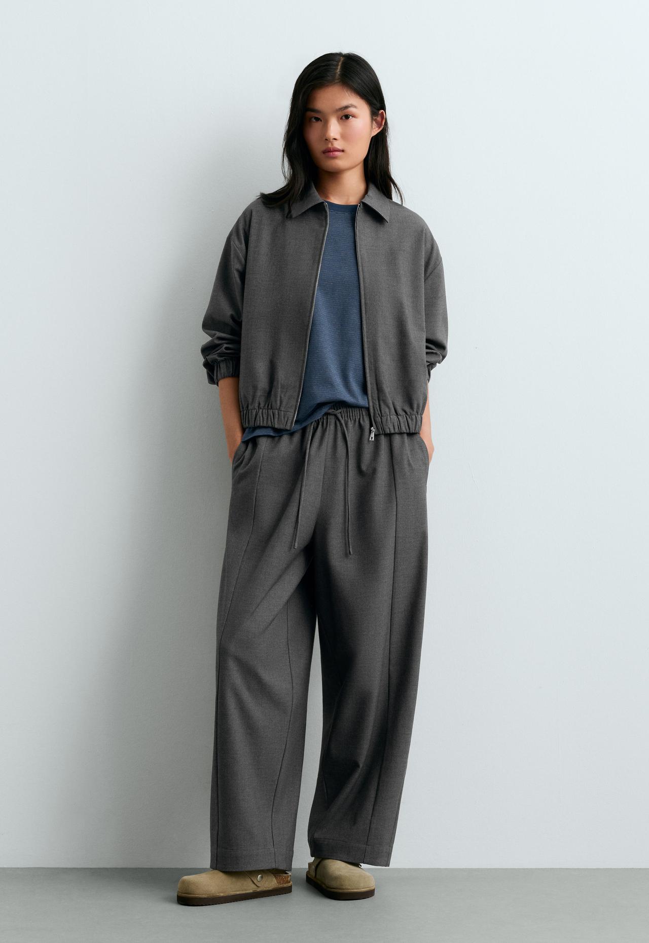 Cropped lapel collar jacket with wool — GREY
