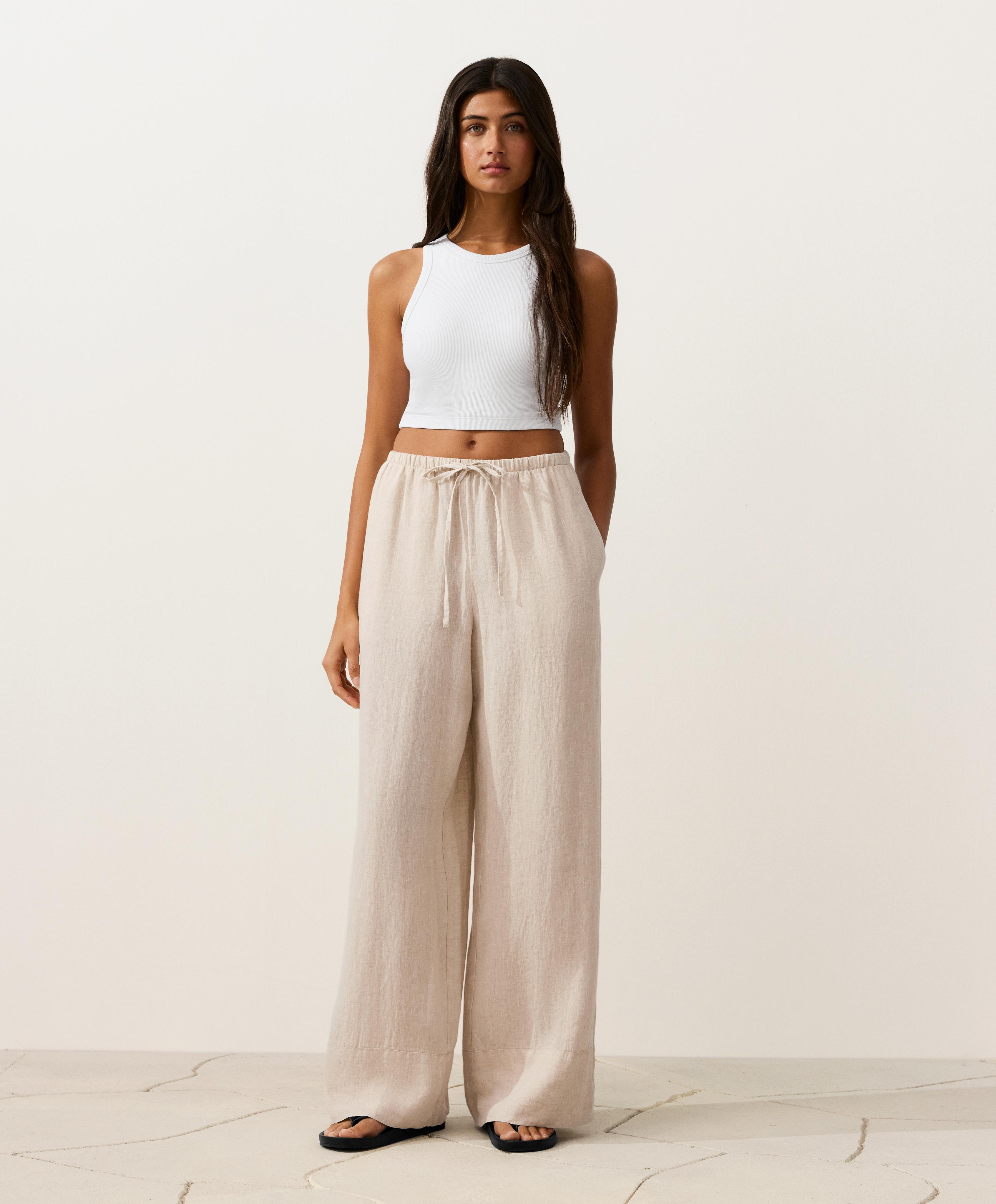 100% linen straight-leg trousers — SAND MELANGE