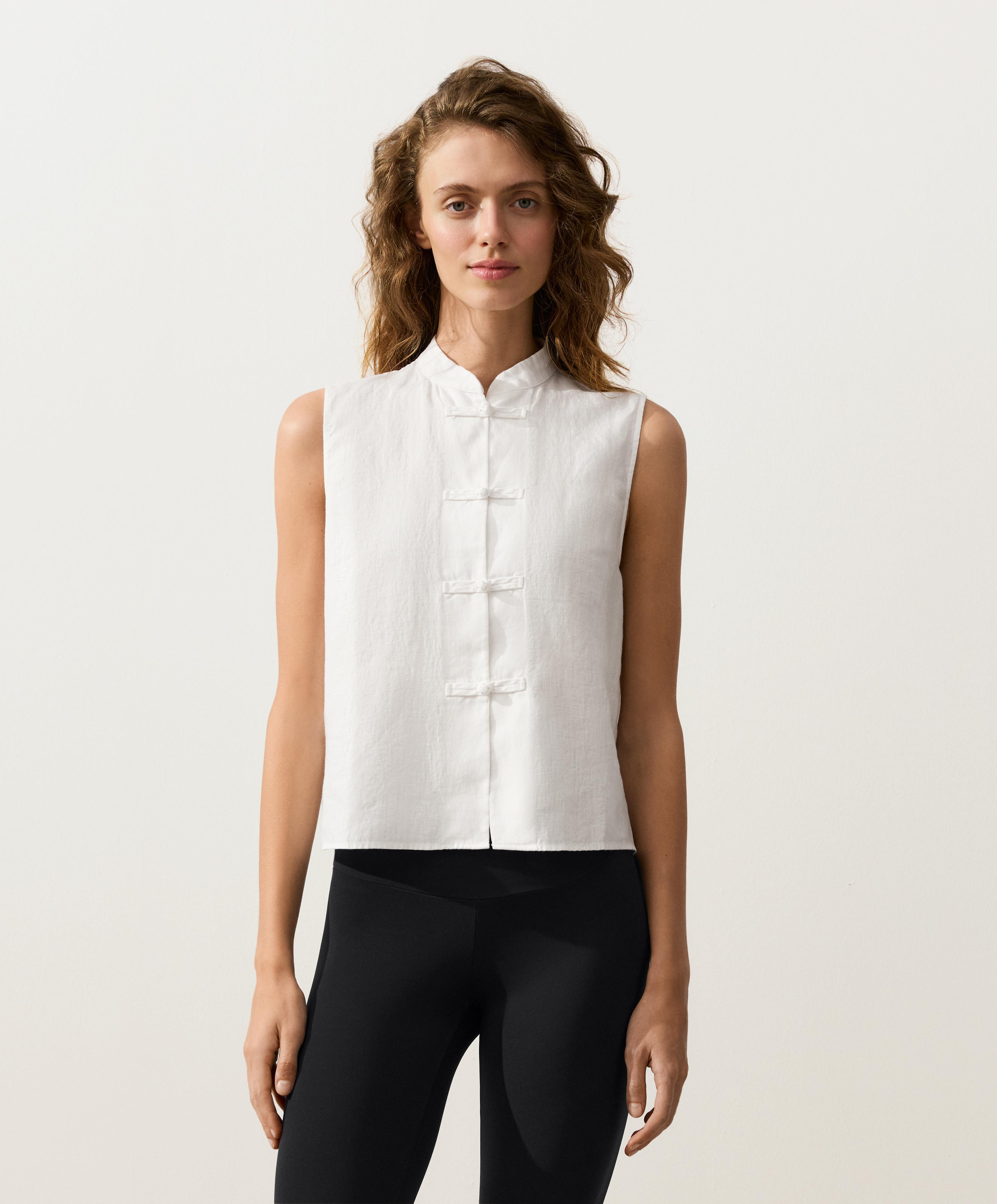 100% linen sleeveless stand-up collar shirt — WHITE
