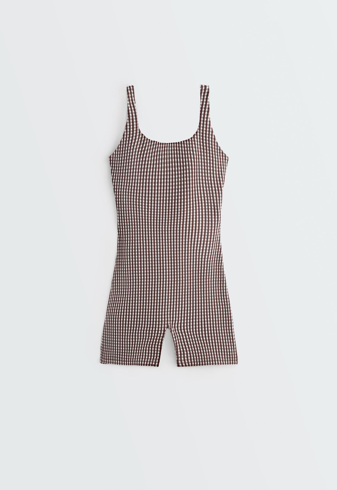 Comfortlux gingham short jumpsuit — DARK REDDISH‑BROWN