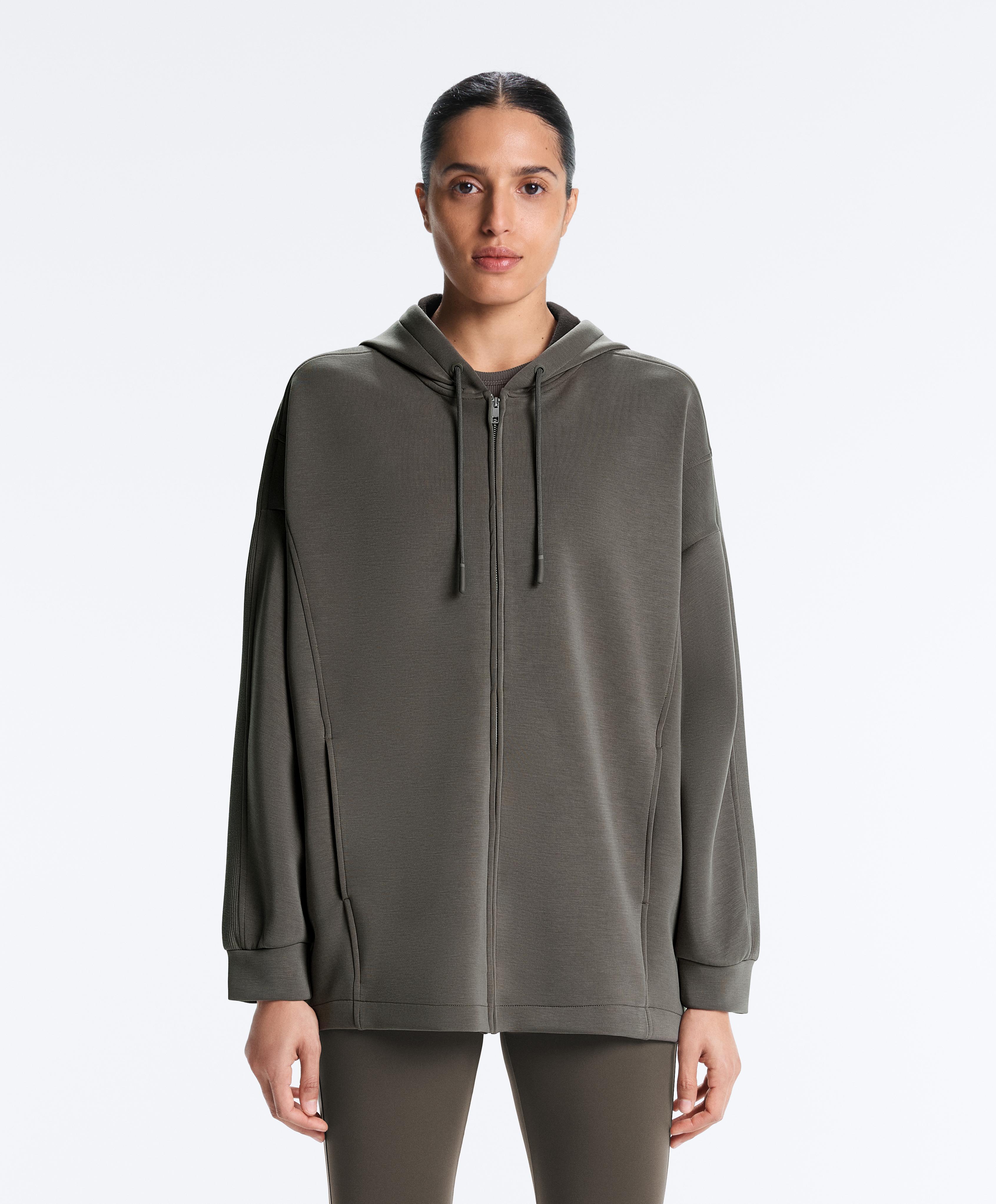 Long hooded jacket with rib details and brushed modal