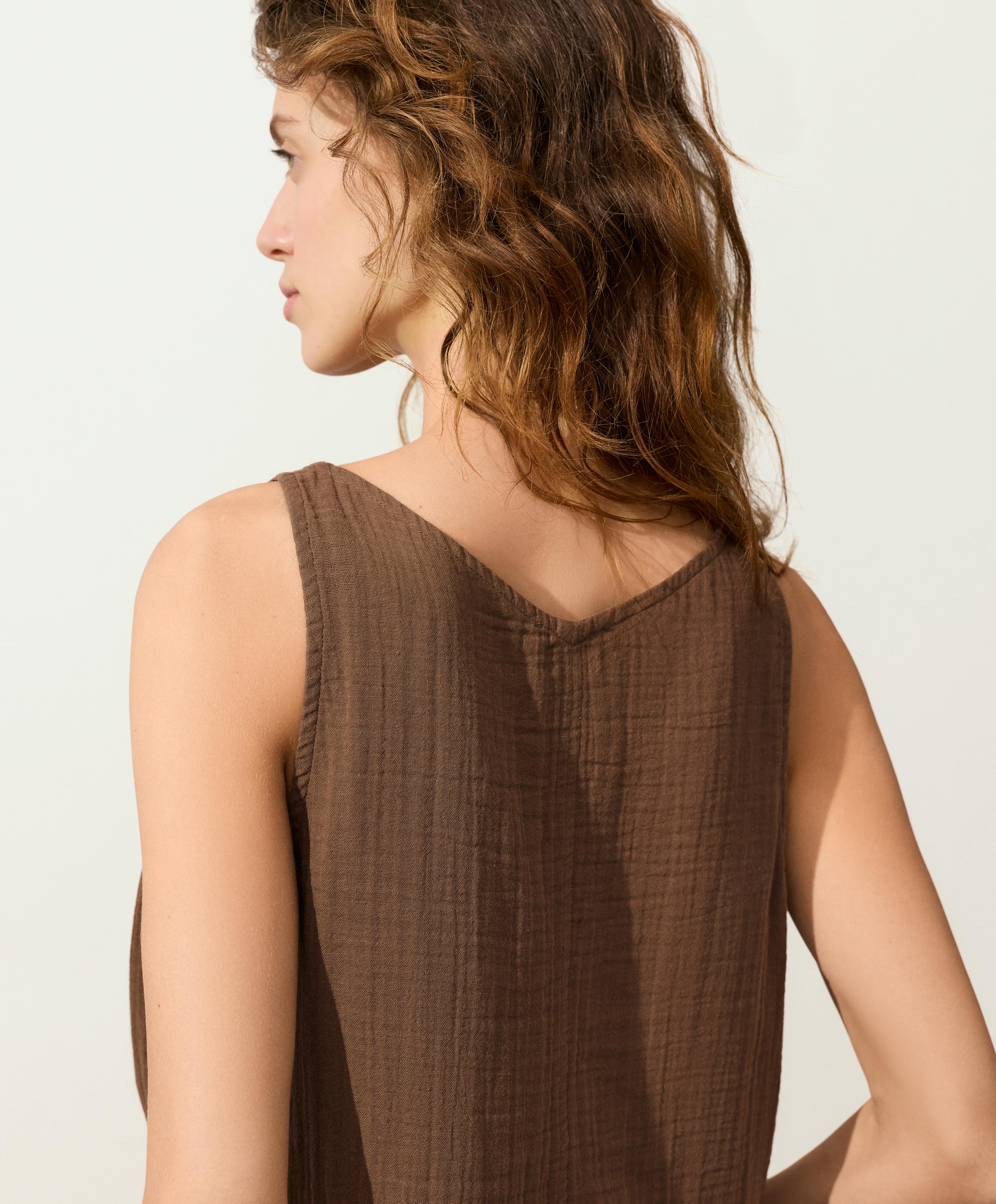 100% cotton gauze V-neck strappy top — TAN