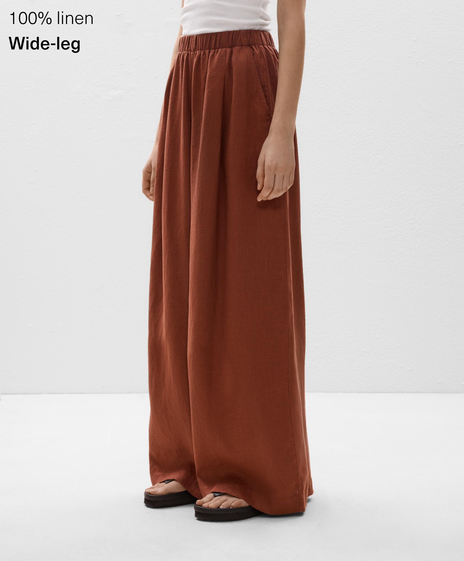 100% linen wide straight-leg trousers