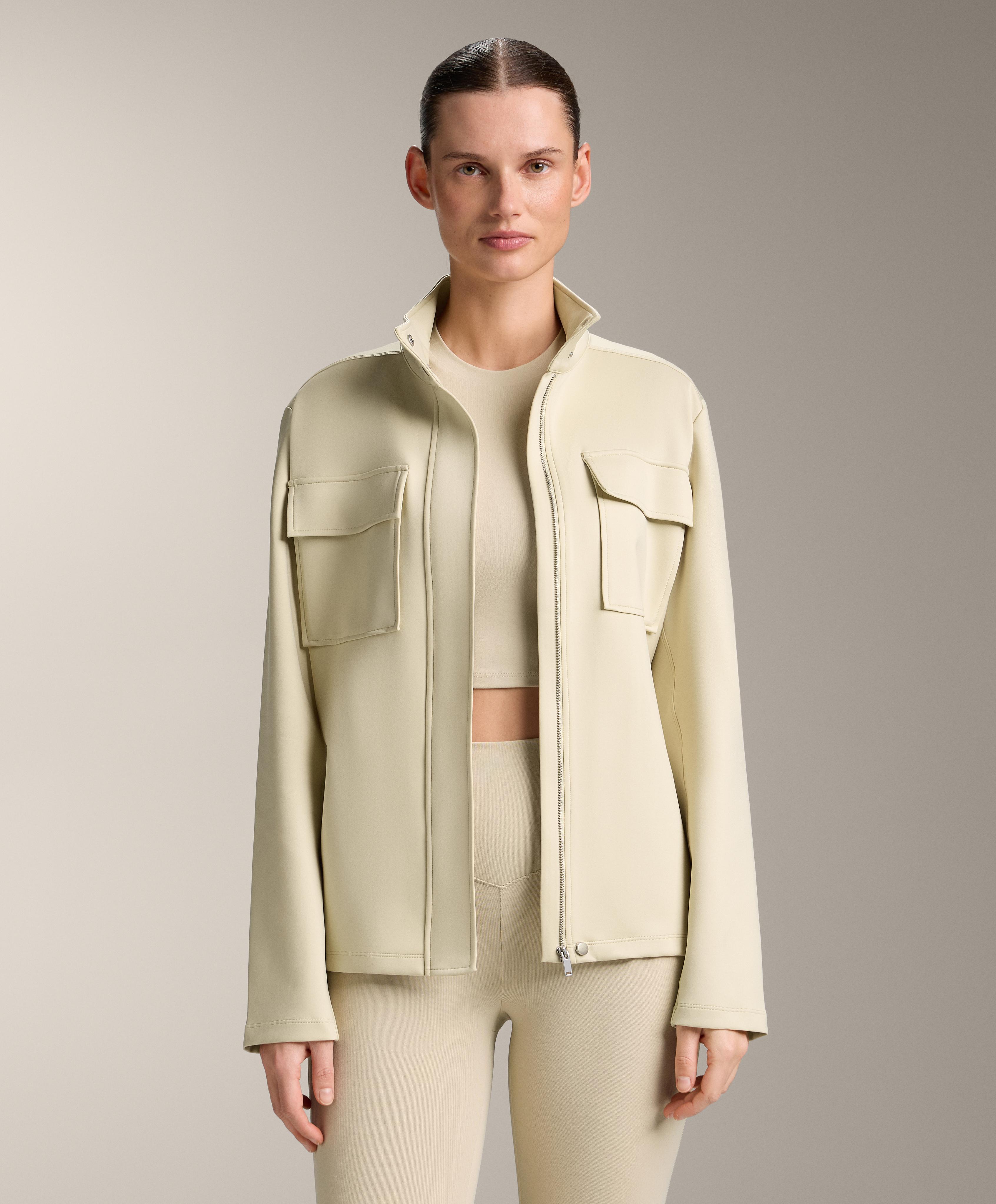 Neoprene-effect jacket with belt — PALE BEIGE MELANGE