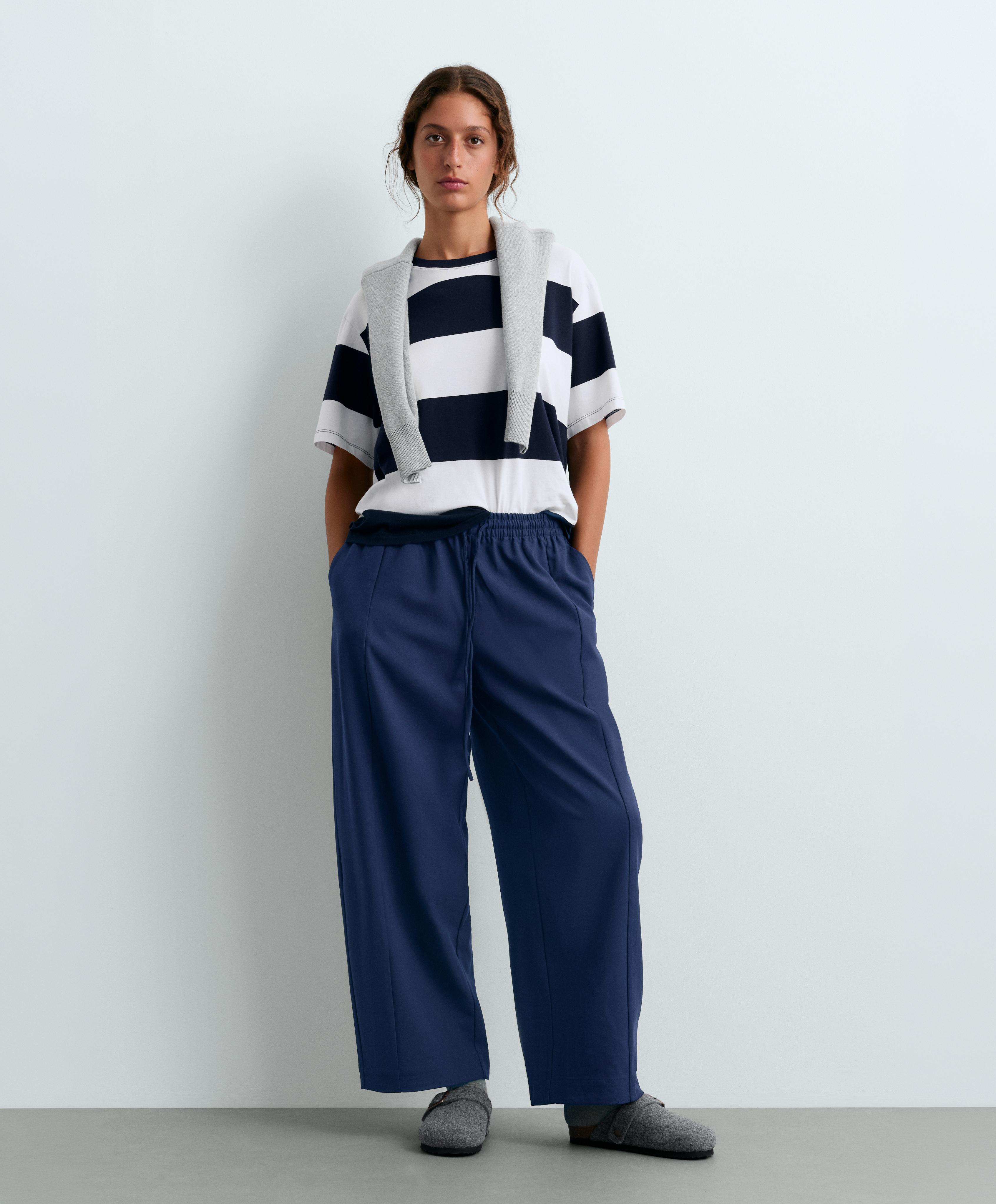 Boxy cotton-blend T-shirt with wide stripes — NAVY BLUE