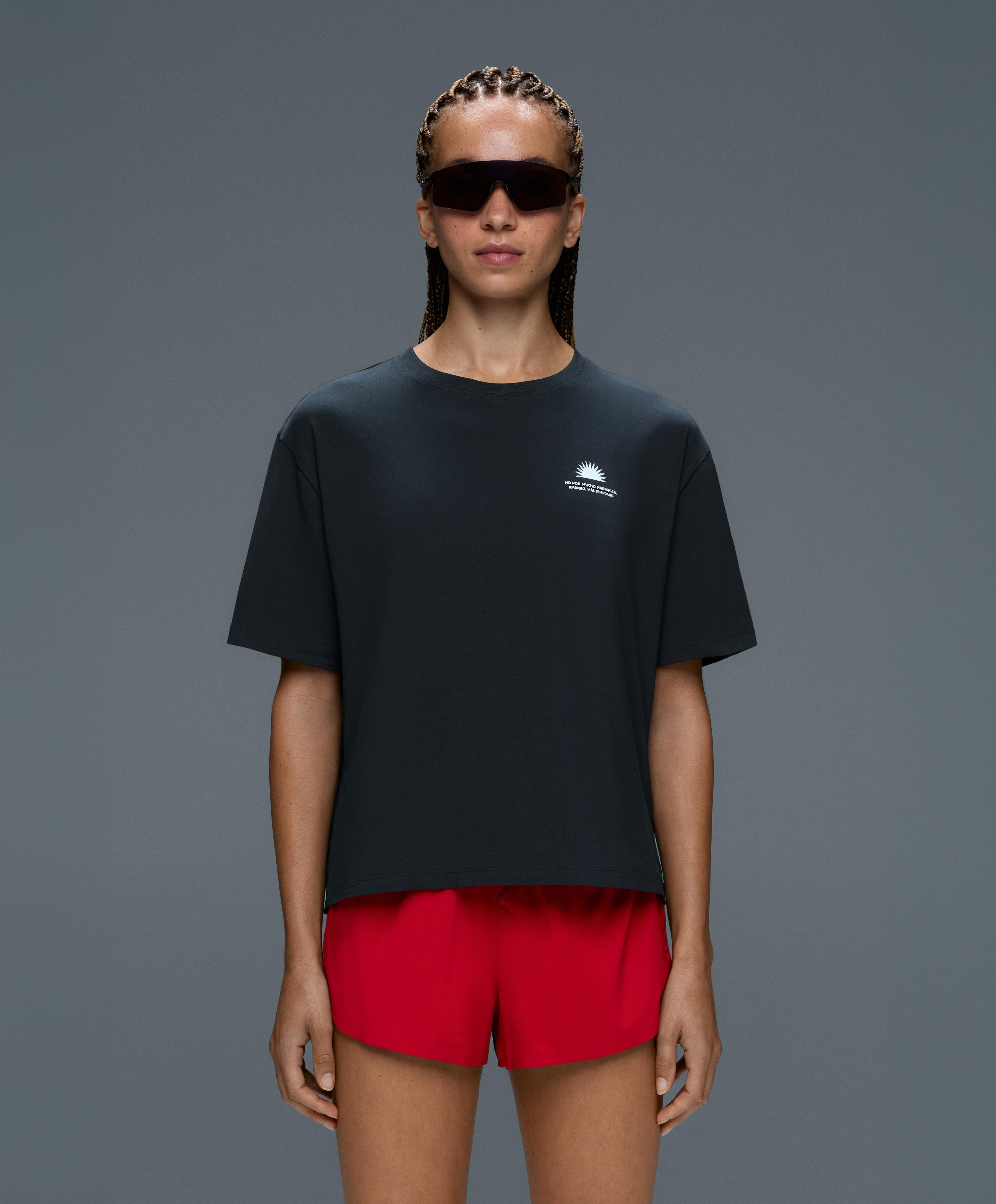 Boxy short-sleeved cotton blend printed T-shirt — NAVY BLUE