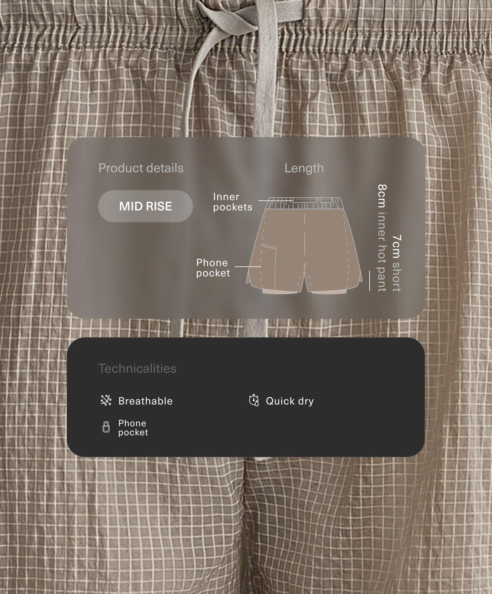 Technical 2-in-1 checked mid-rise shorts