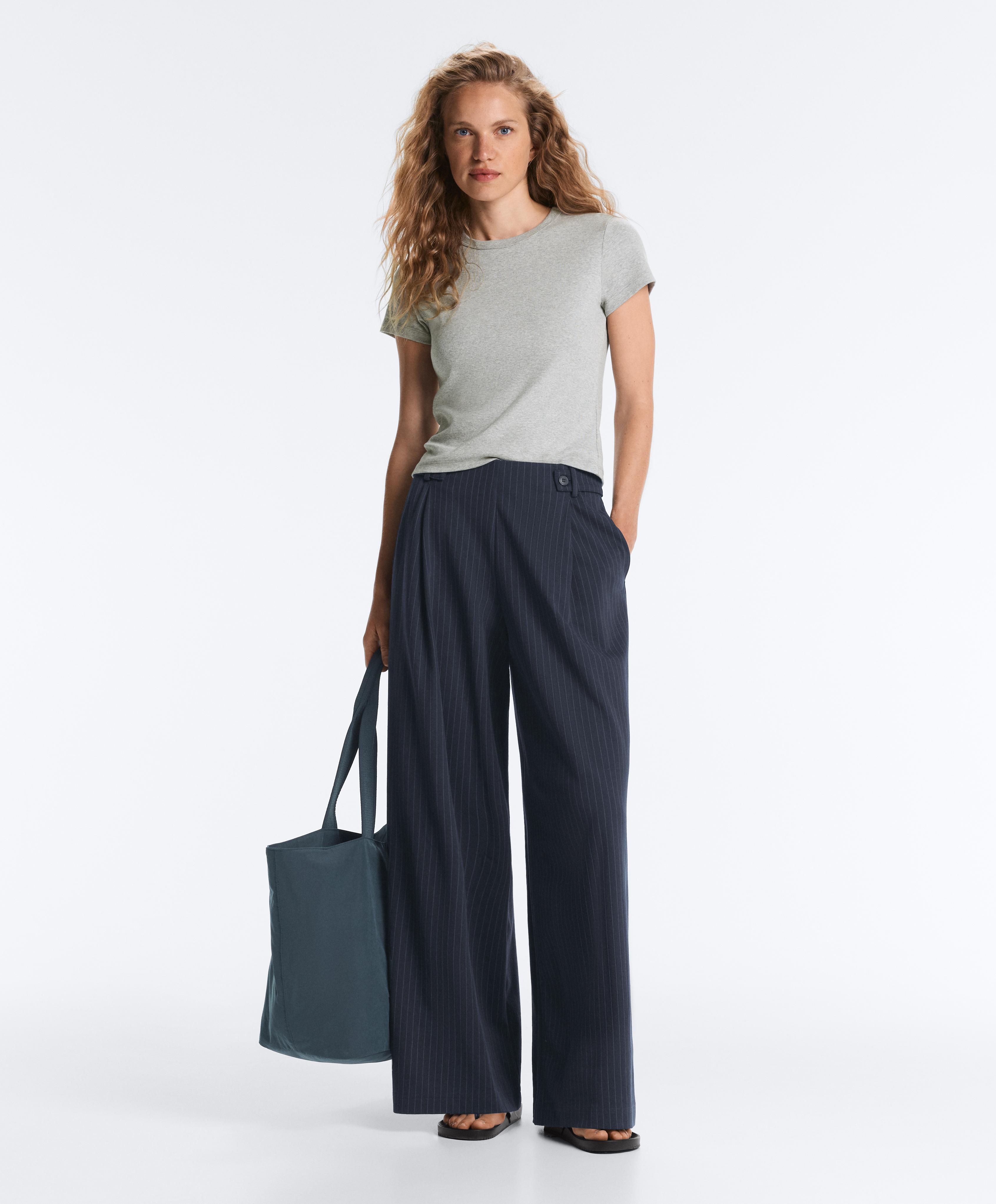 Pinstripe cotton pique wide-leg trousers — NAVY BLUE