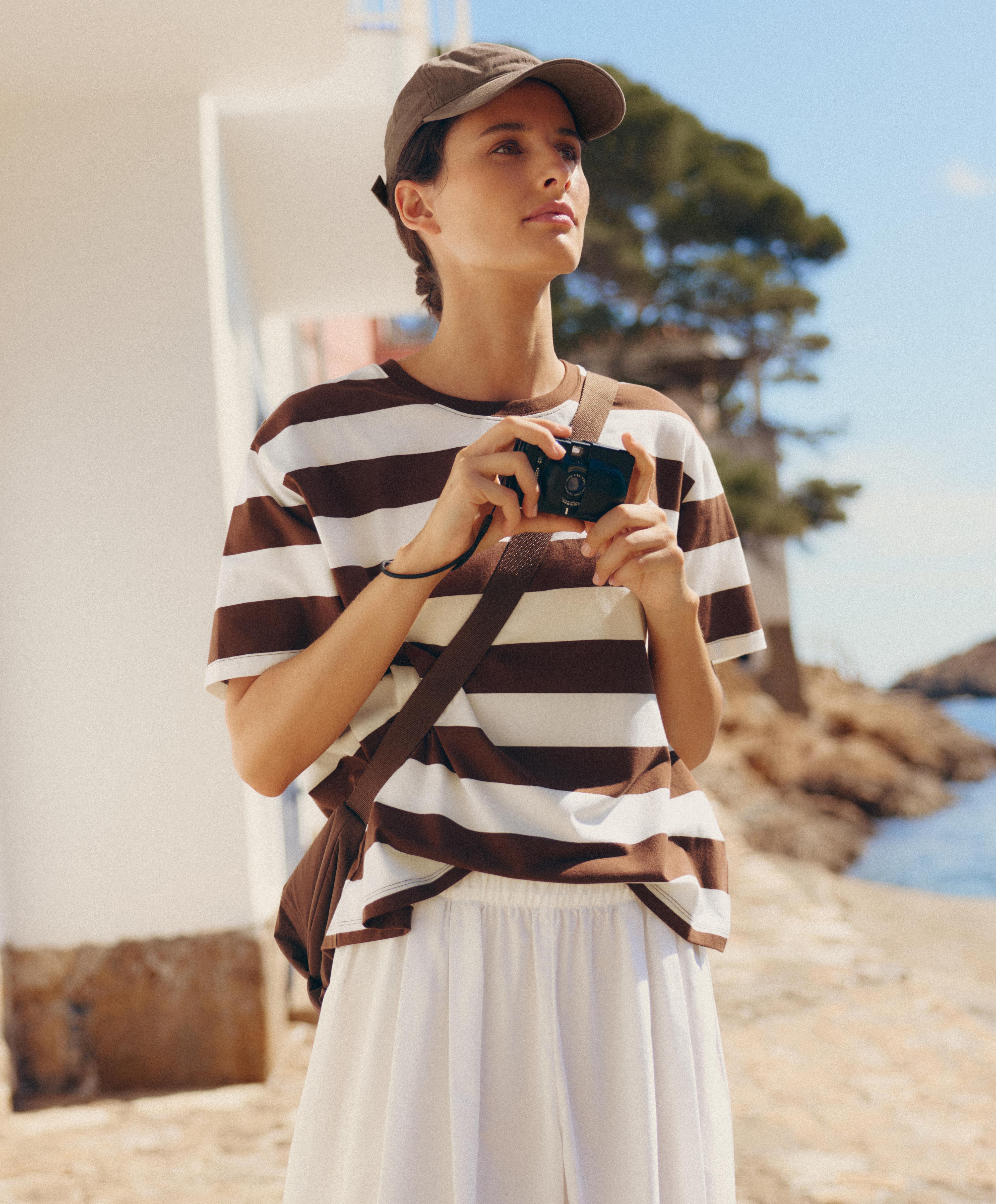 Striped boxy short-sleeve cotton blend T-shirt — DARK BROWN