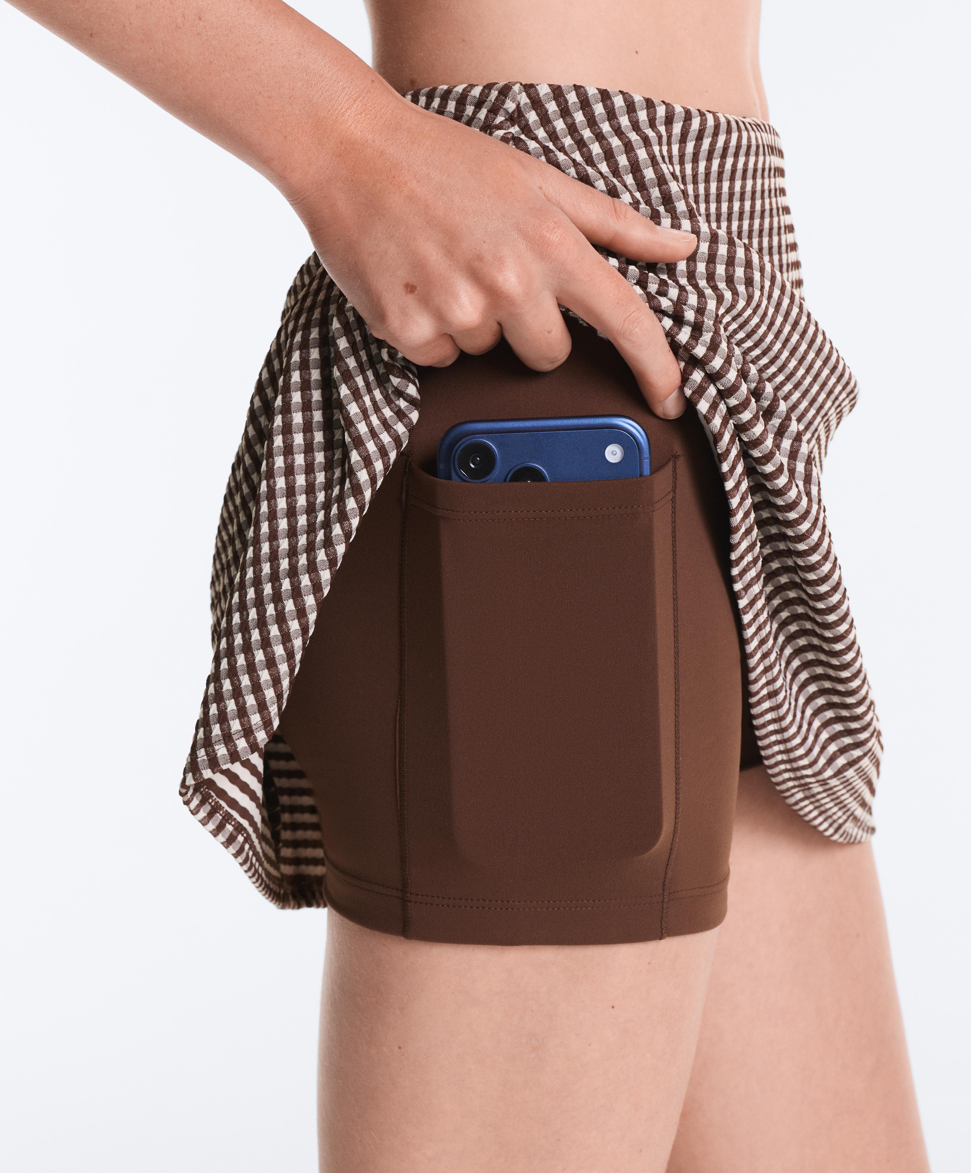 Comfortlux high-rise gingham mini skirt — DARK REDDISH‑BROWN