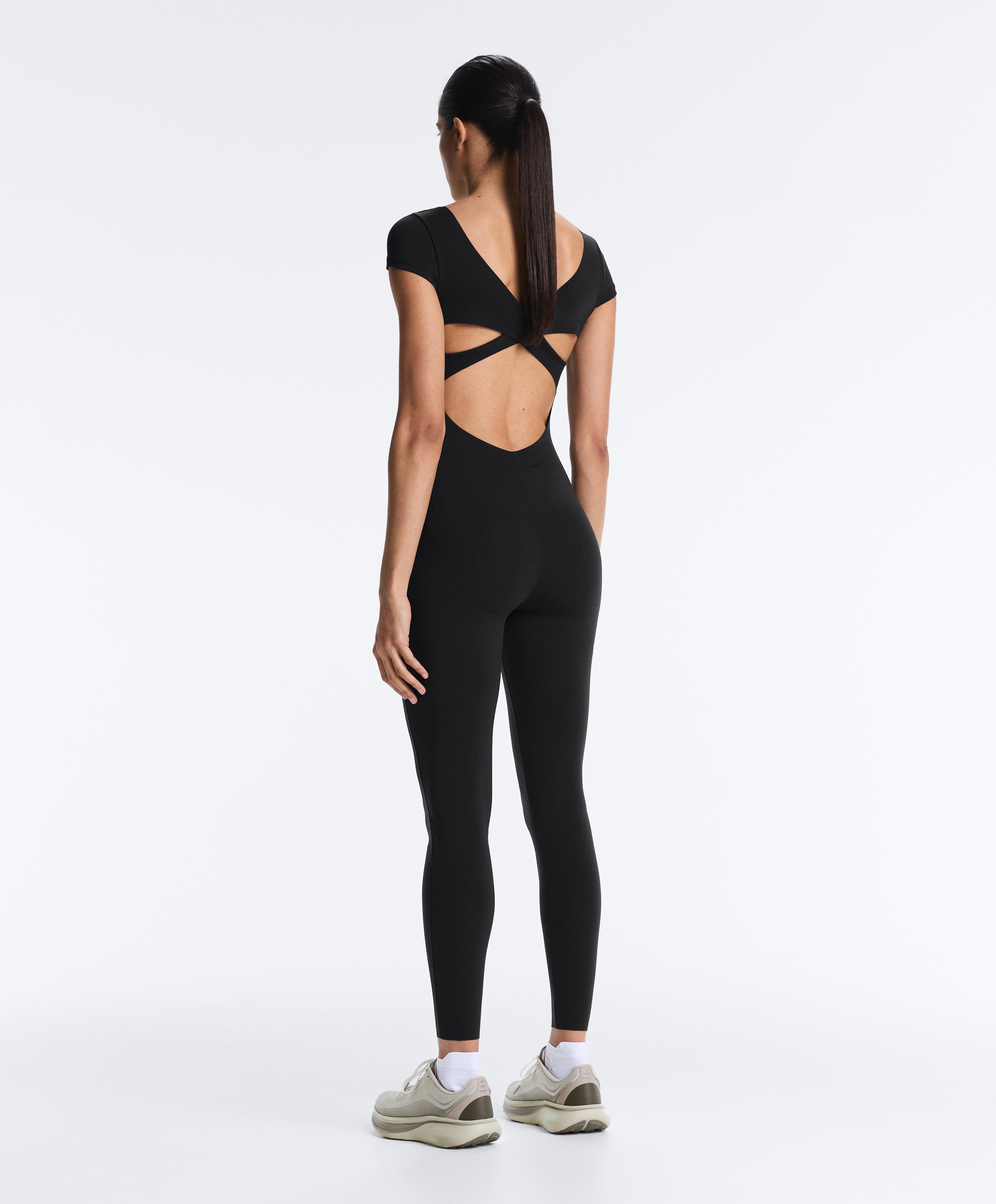 Long Compressive short sleeve jumpsuit — BLACK