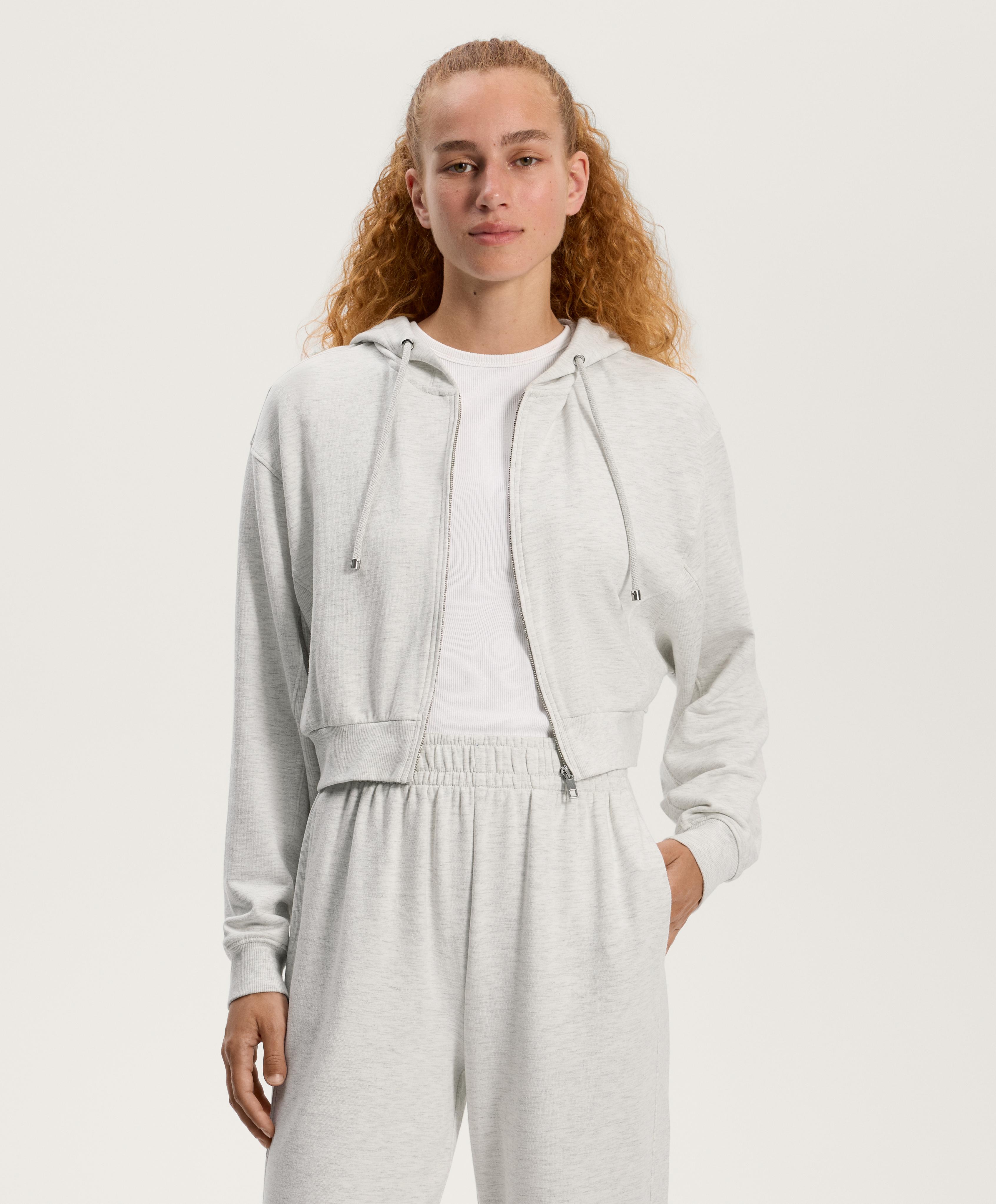 Crop-Jacke mit Kapuze, Rippdetail, Baumwolle und Modal