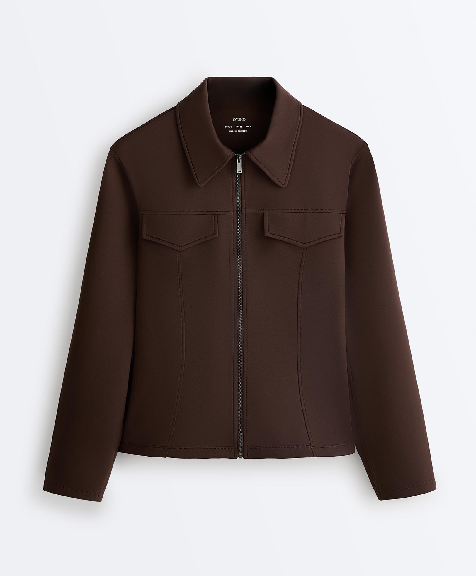 Neoprene-effect peplum jacket with ribbing — BROWN