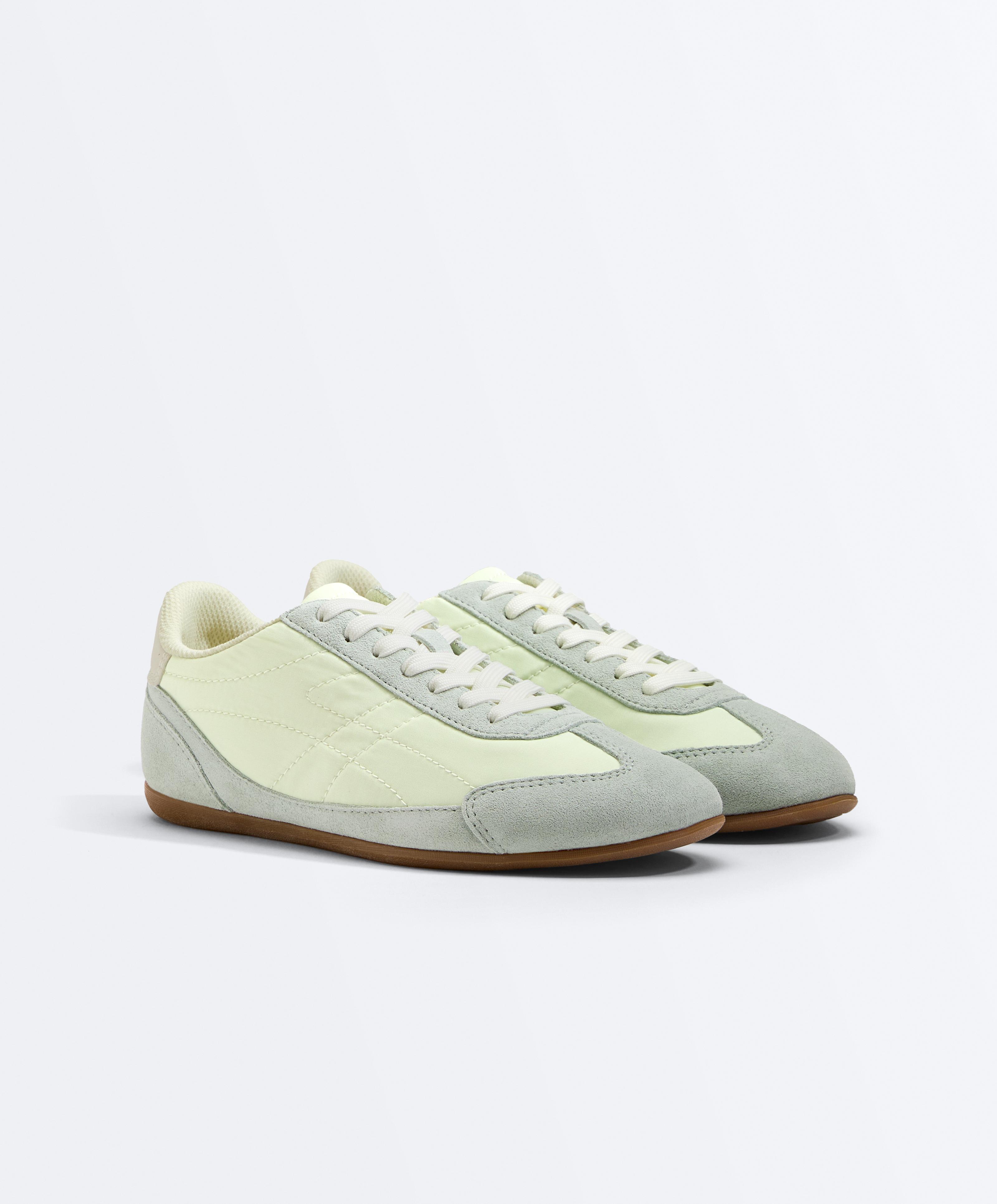 Combined split-leather and fabric trainers — GREEN