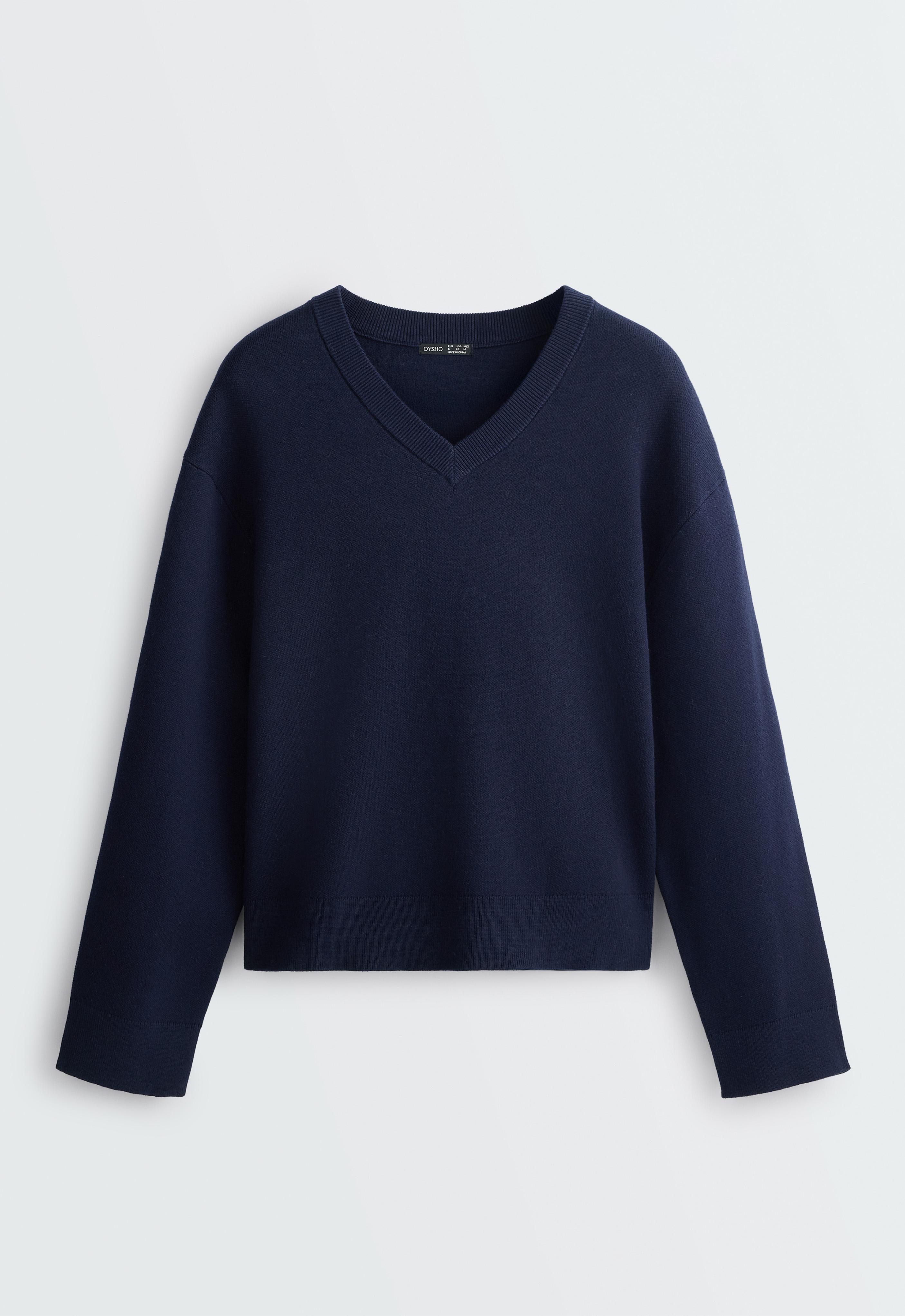 Cotton blend V-neck knit jumper — NAVY BLUE