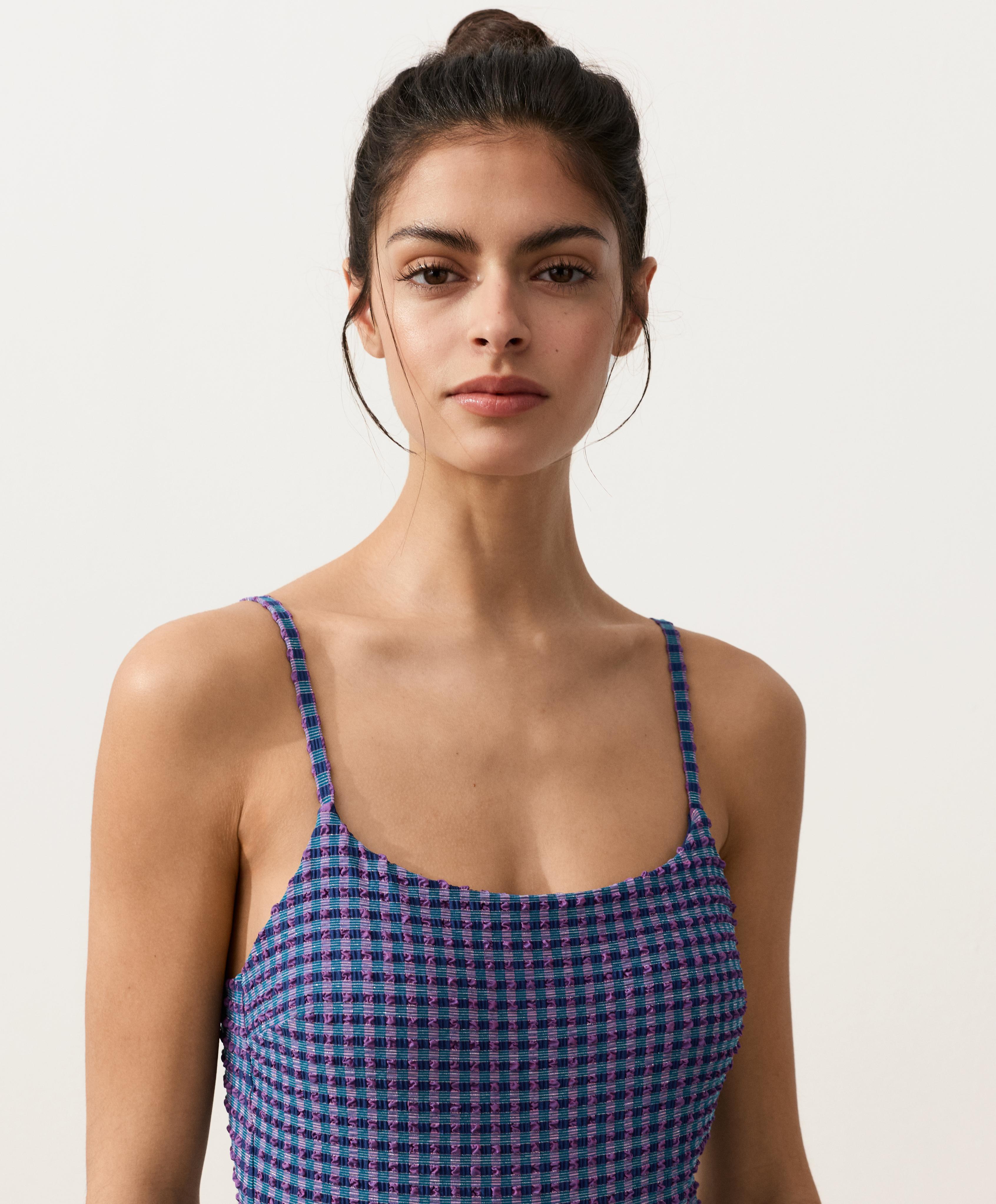 Gingham round-neck swimsuit — NAVY BLUE