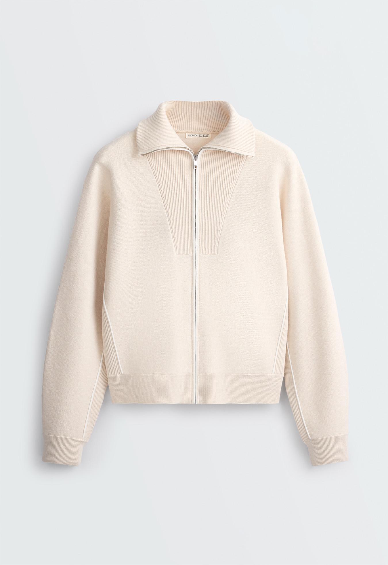 High-neck mixed knit jacket — ECRU