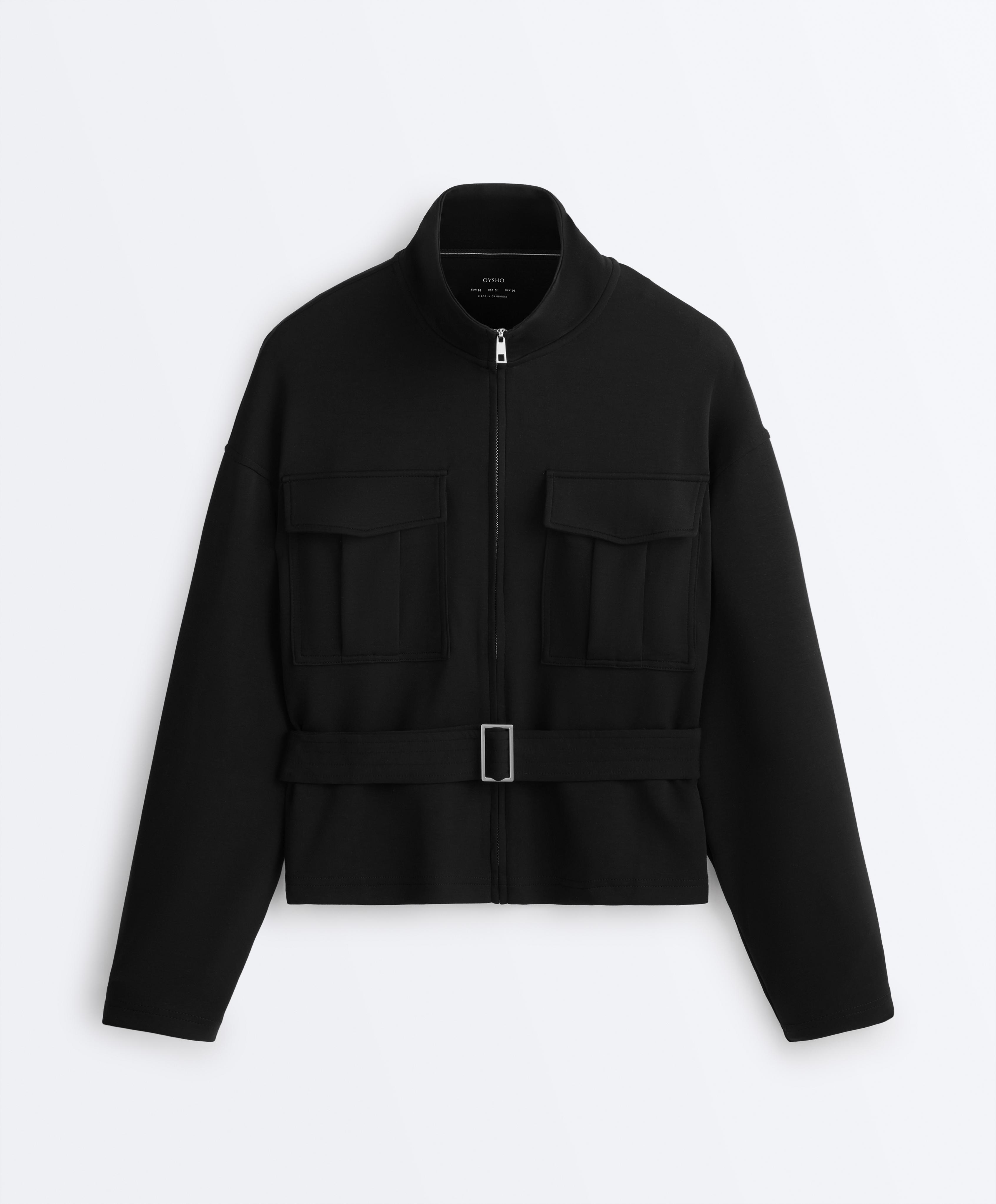 Soft-touch belted jacket with modal — BLACK