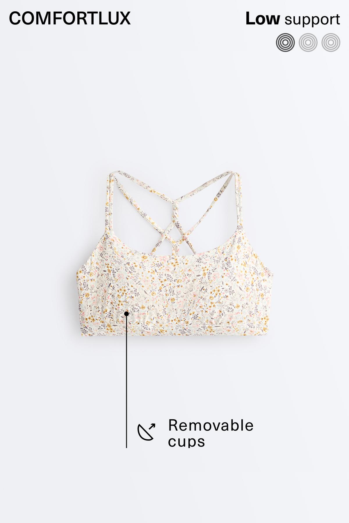 Floral print medium-support Comfortlux sports bra — PALE ECRU