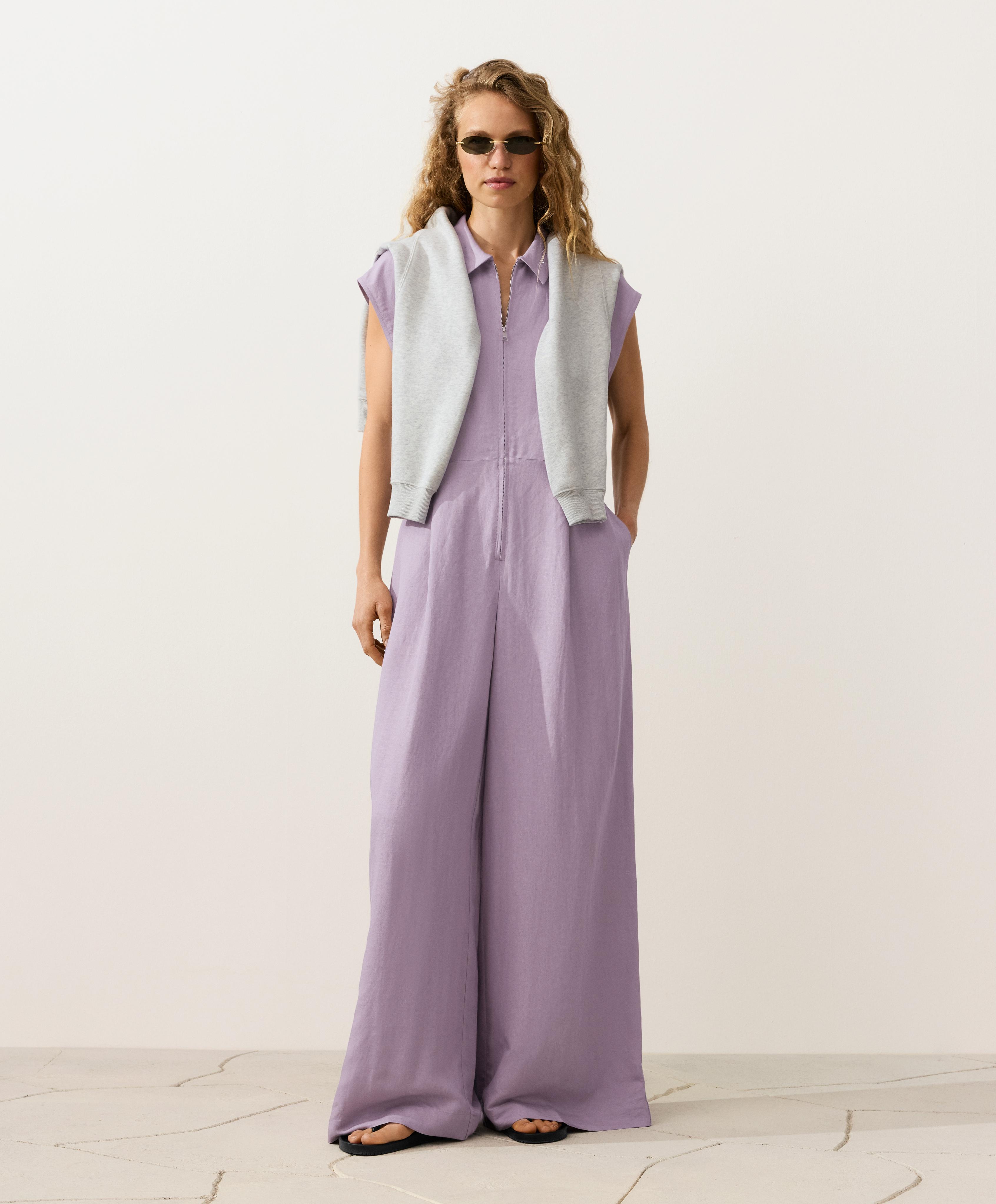 Linen long jumpsuit with lapel collar — LILAC
