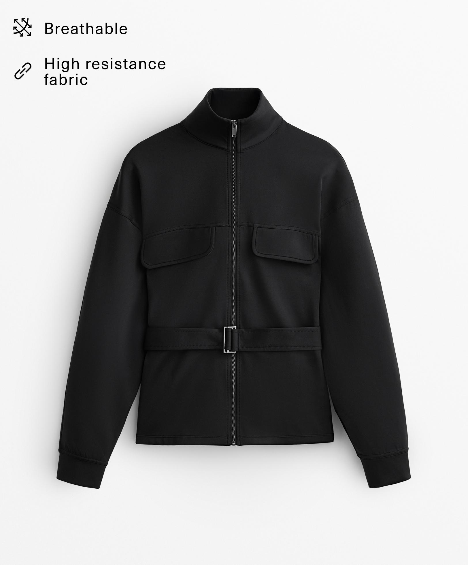 Neoprene-effect belted jacket