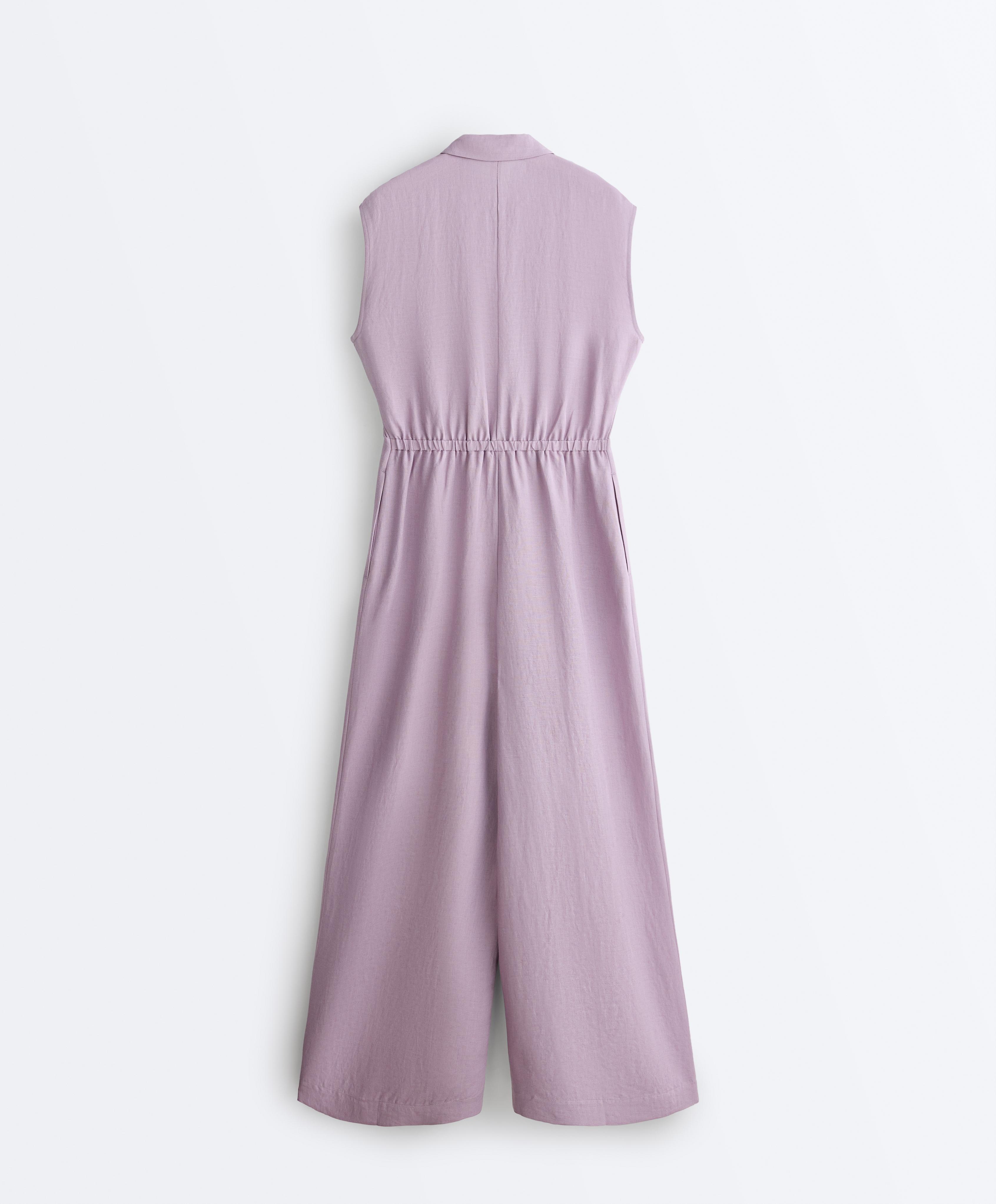 Linen long jumpsuit with lapel collar — LILAC