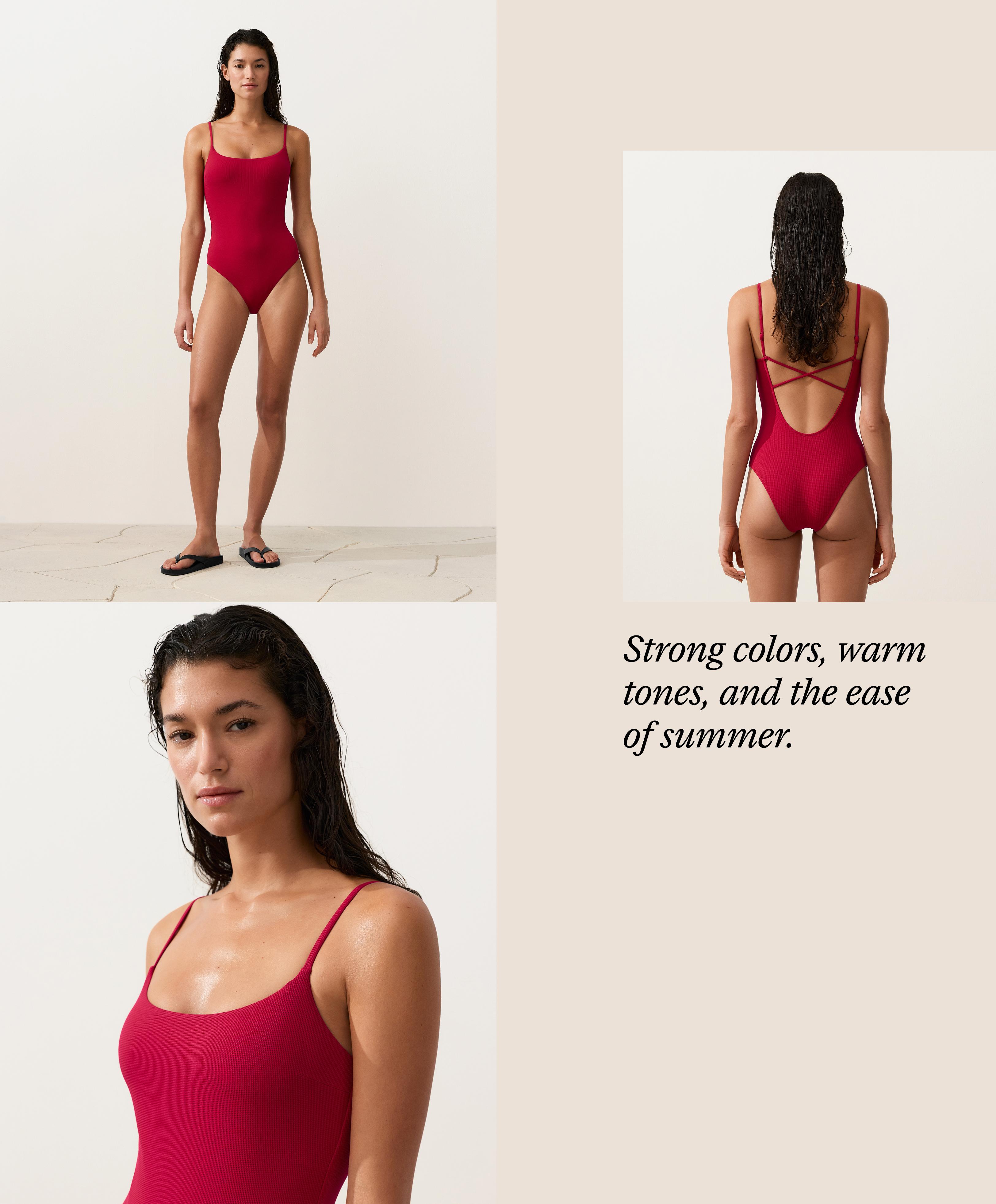 Piqué round neck swimsuit — BRIGHT RED