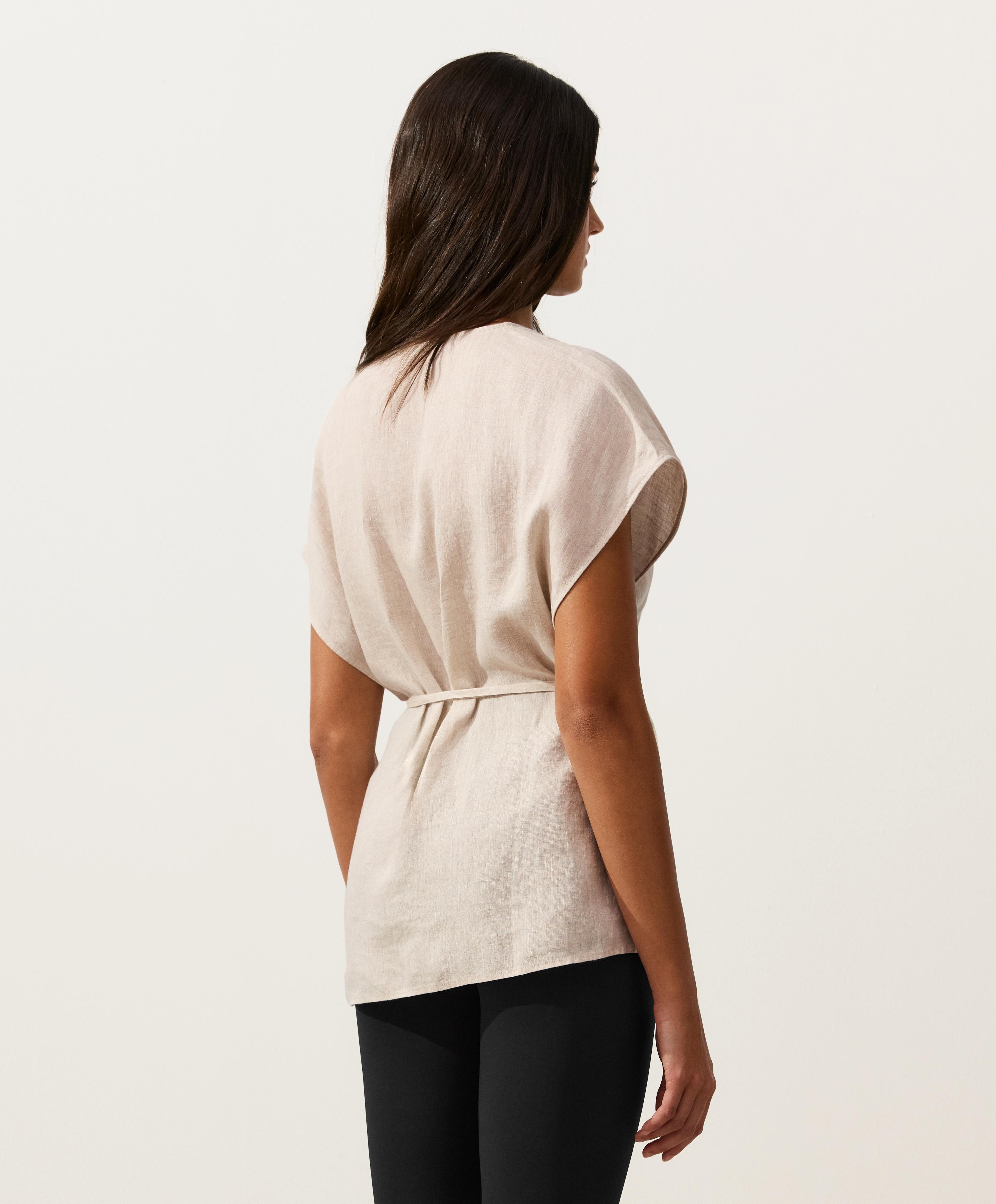 100% linen wrap shirt with tie — SAND MELANGE