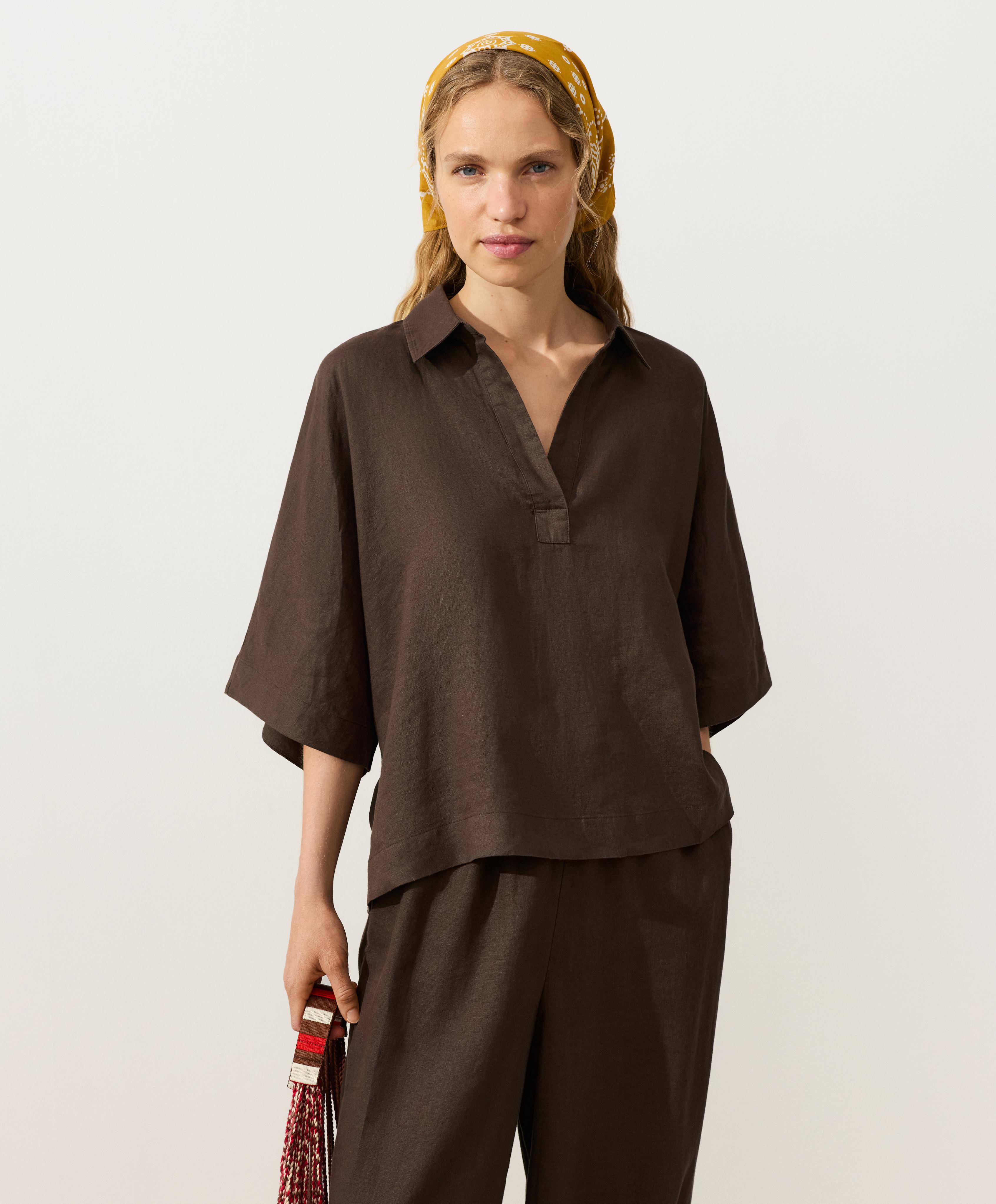 Oversize short-sleeve 100% linen polo shirt — DARK BROWN