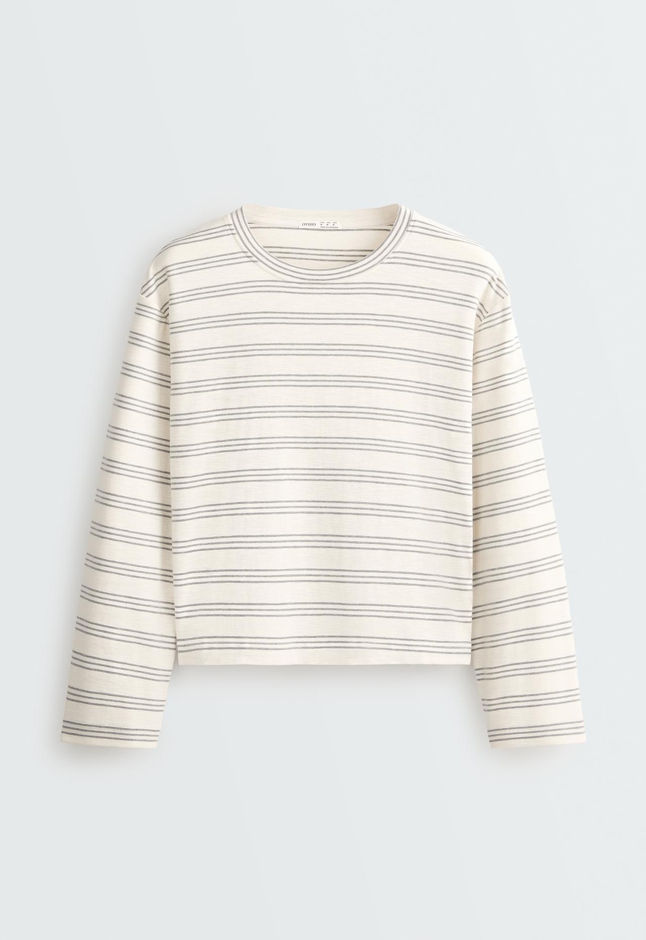 Rustic striped relaxed long-sleeved T-shirt — PALE ECRU