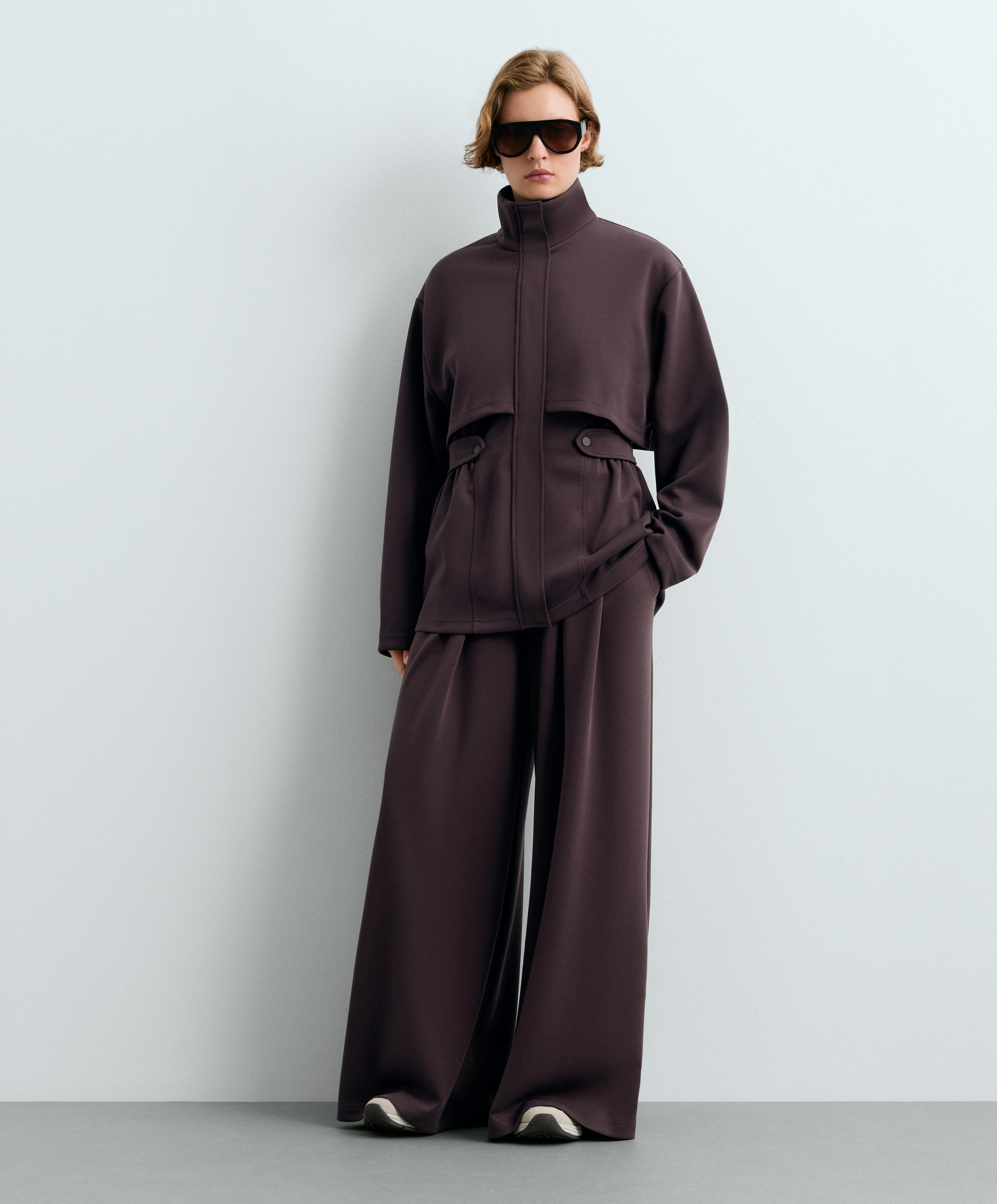 Long piqué jacket with belt — Purplish brown