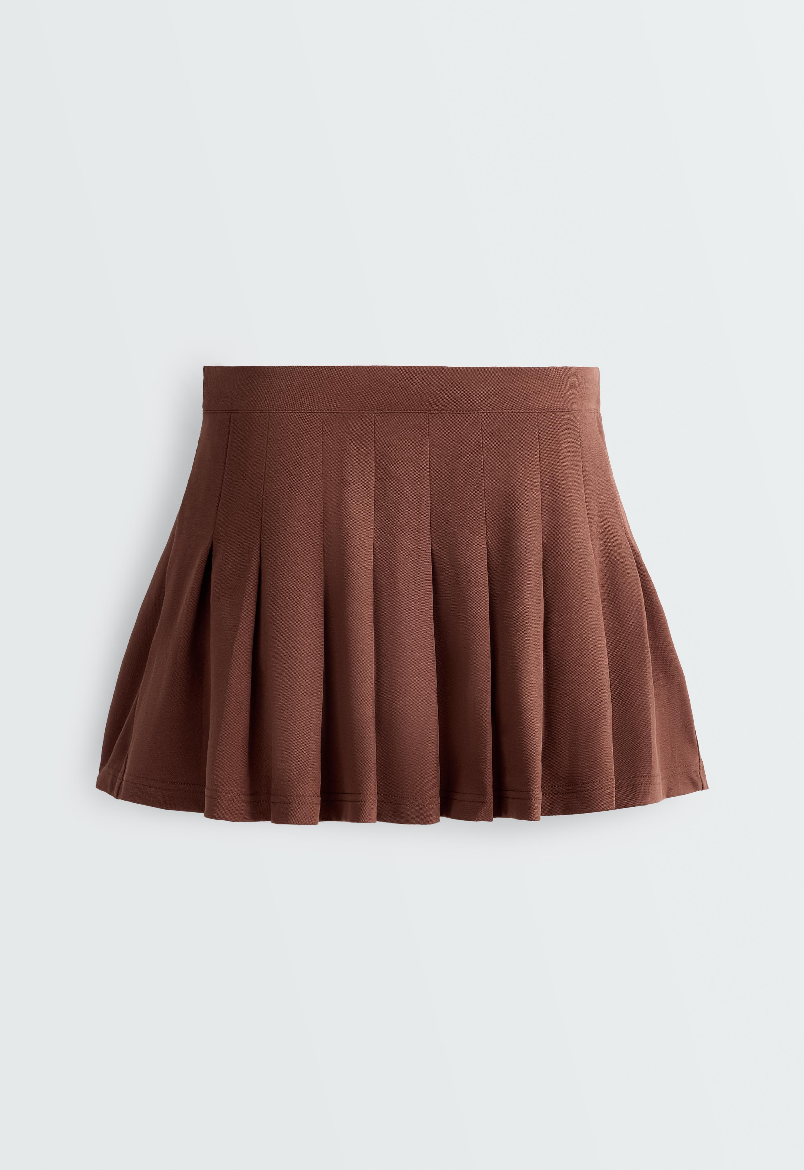 Cotton piqué pleated mini skirt — TERRACOTTA