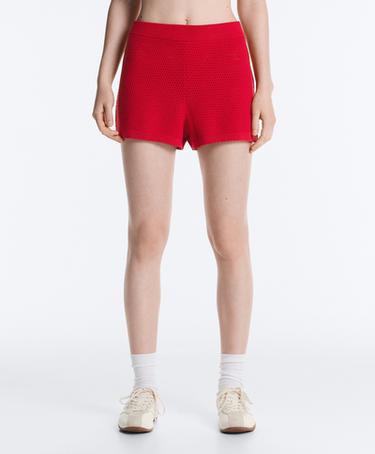 Cotton openwork knit shorts — BRIGHT RED 1