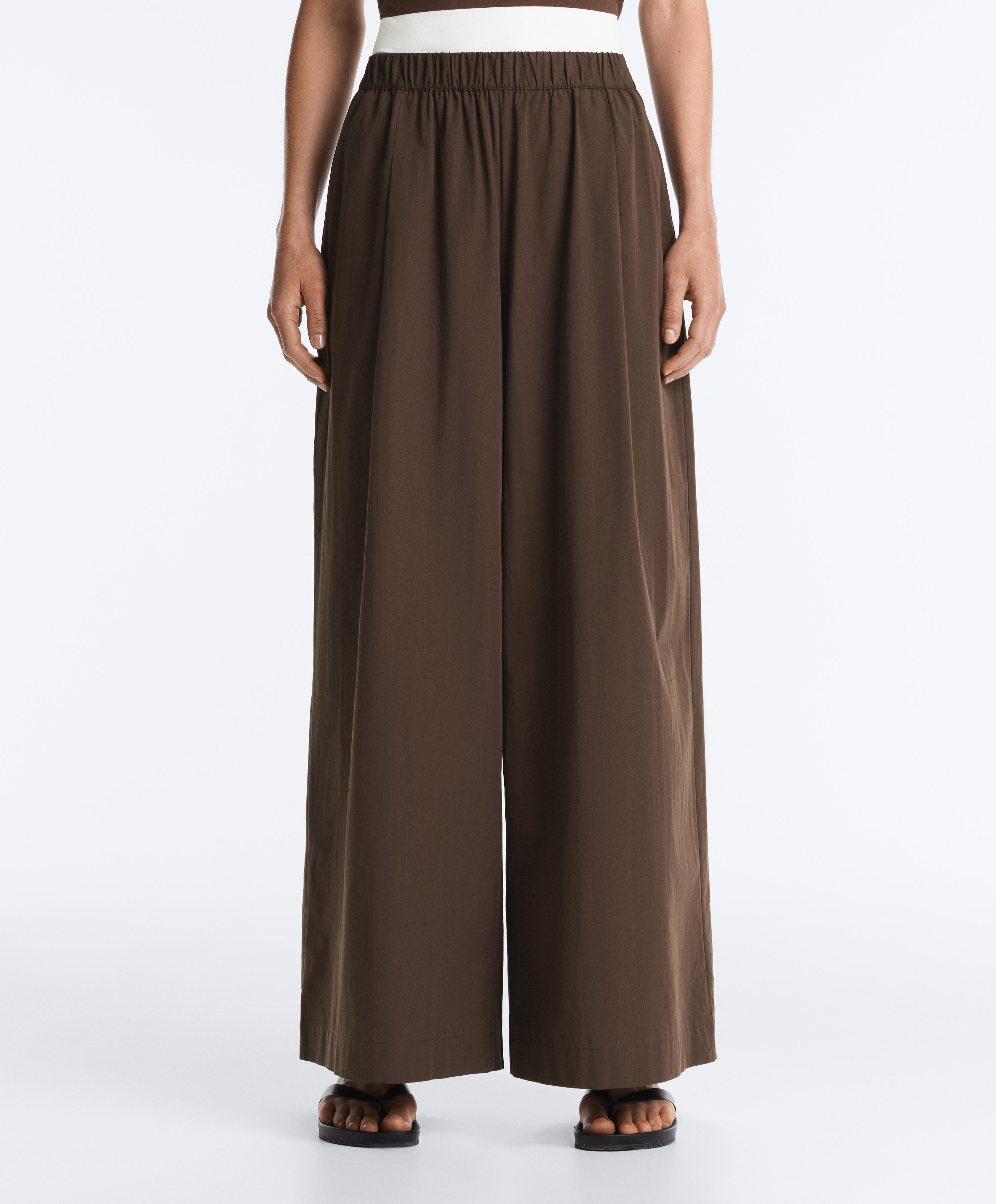 100% cotton poplin wide-leg trousers — DARK BROWN