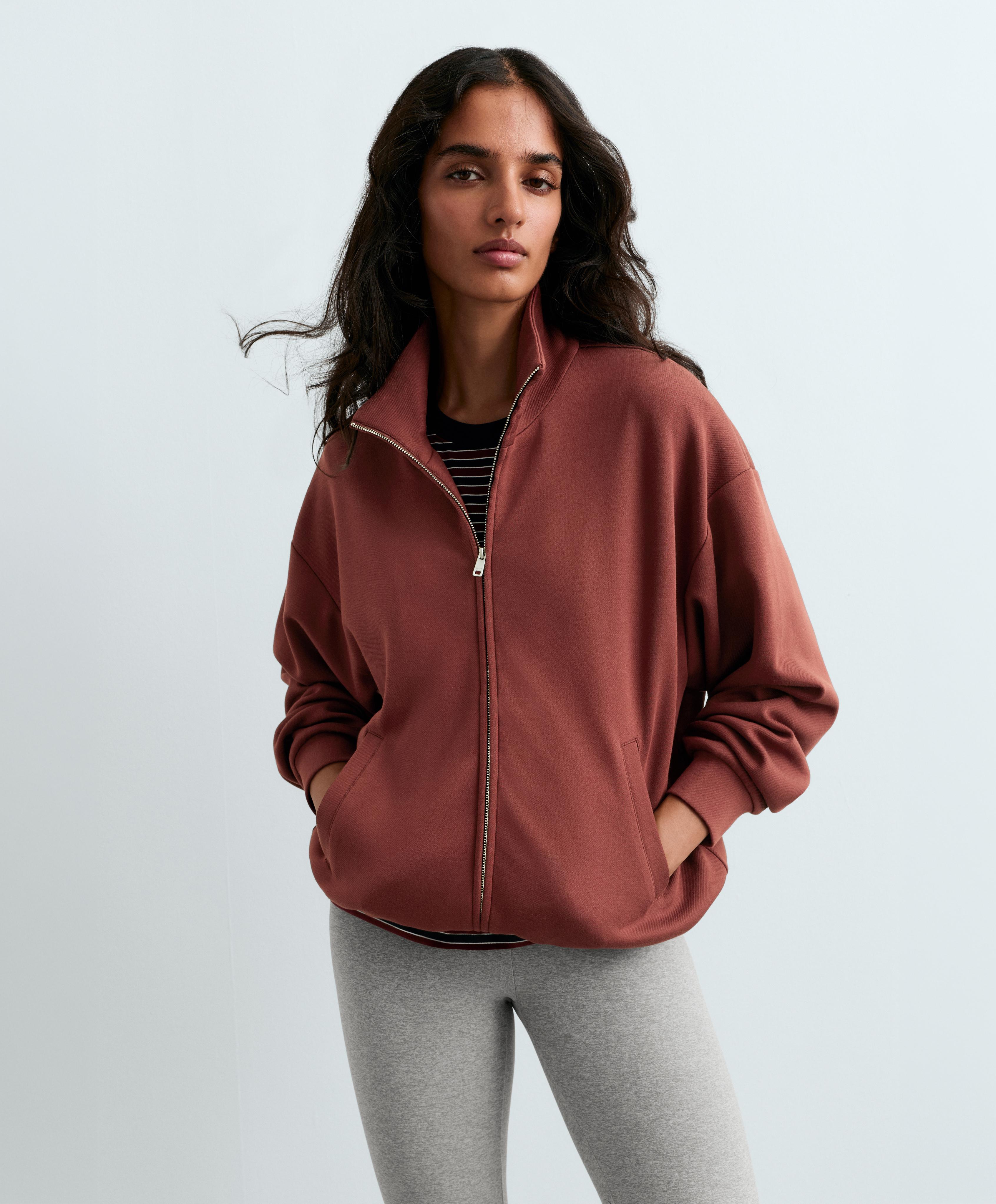 High-neck zip-up jacket — DARK BRICK