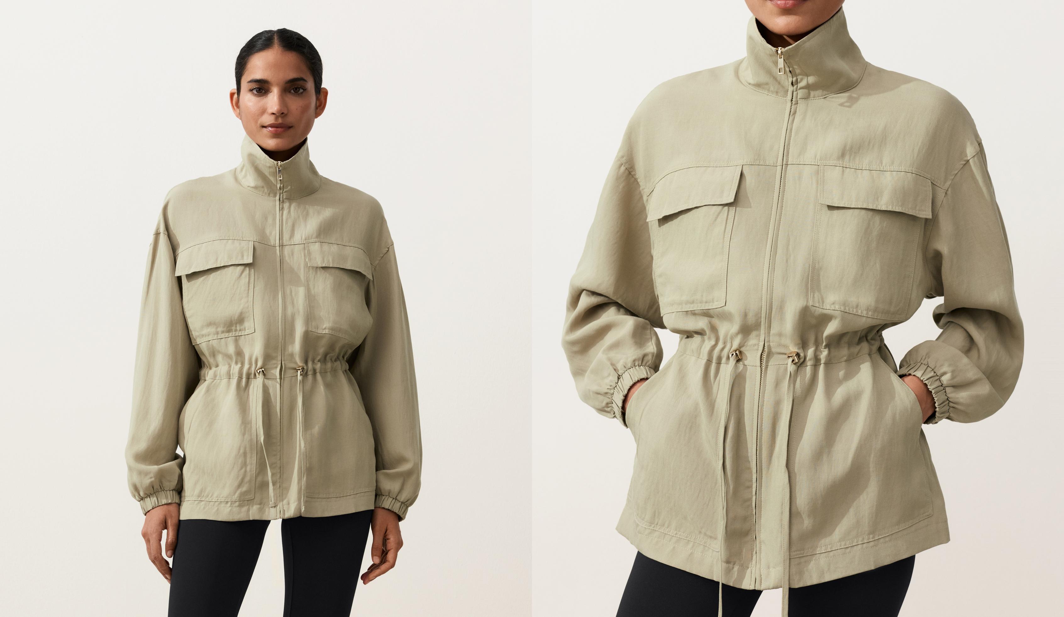 Lyocell and 24% linen blend ruched waist jacket — GREEN BEIGE