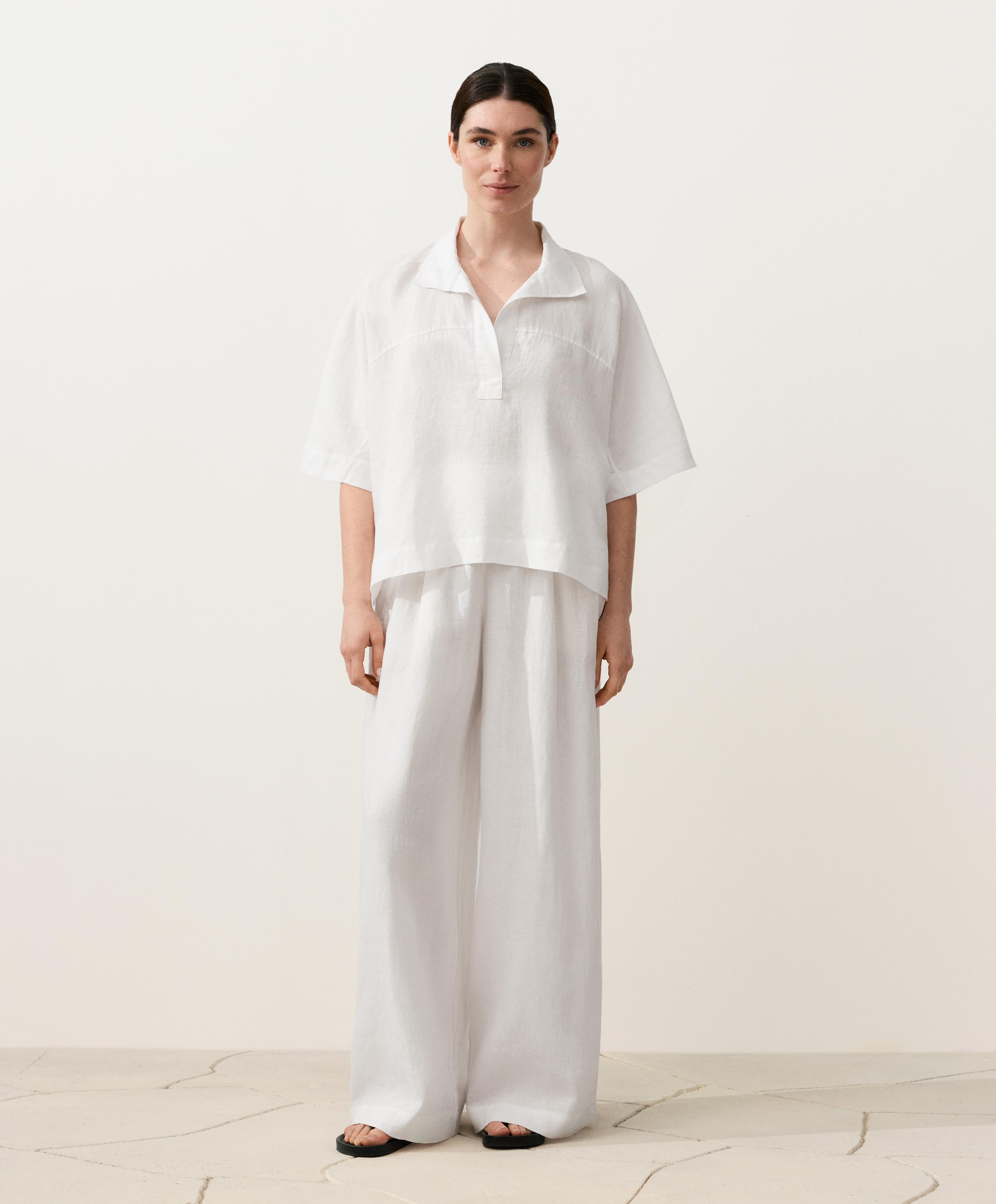 Oversize 100% linen polo shirt — WHITE