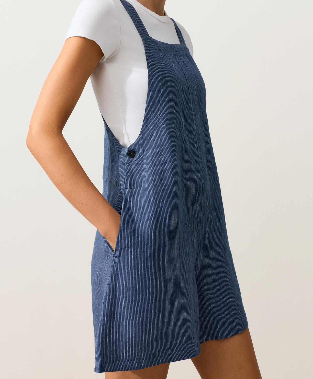 Short strappy 100% linen jumpsuit — BLUE MELANGE