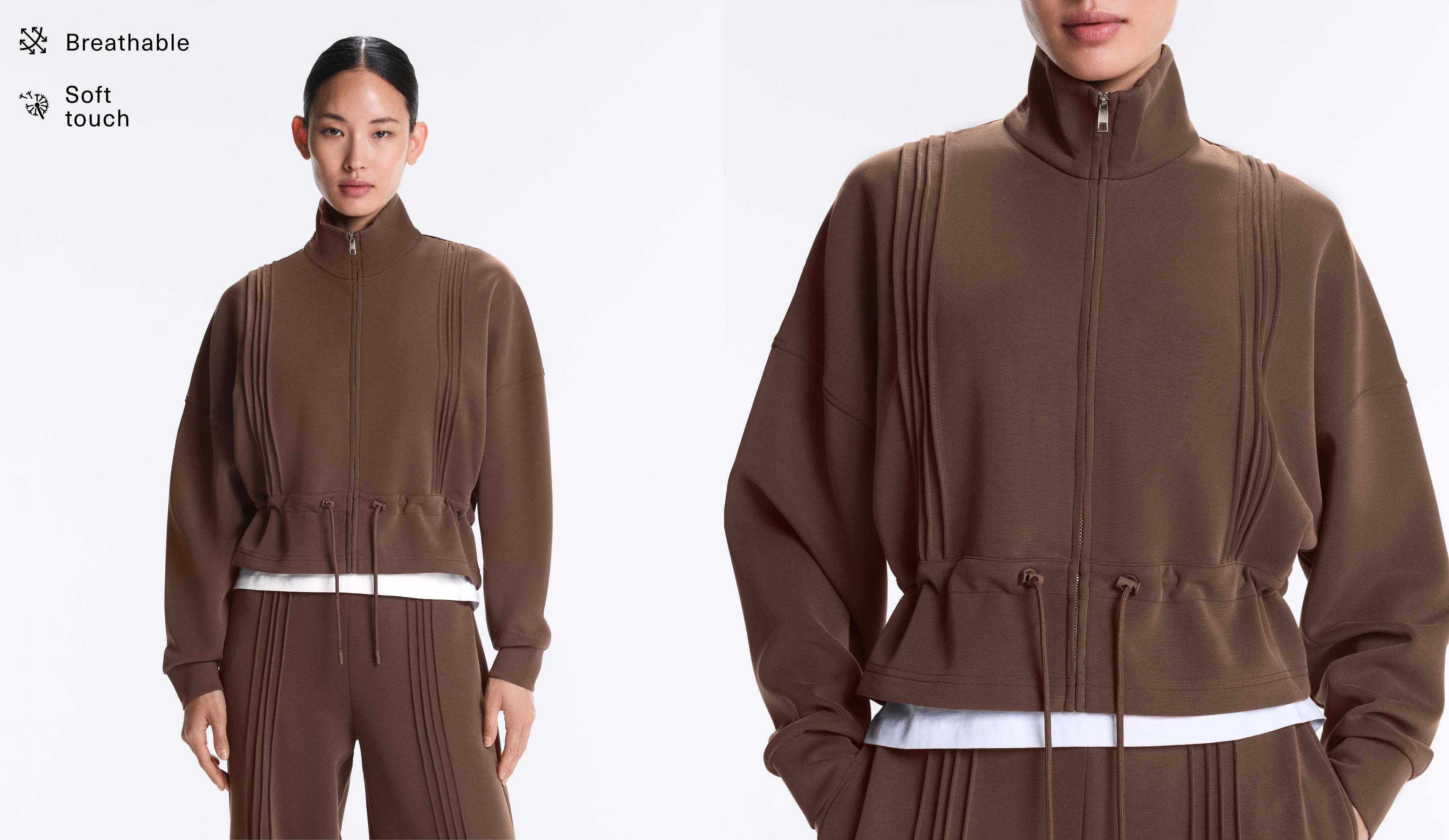 Soft-touch modal jacket with rib trim — MID-BROWN