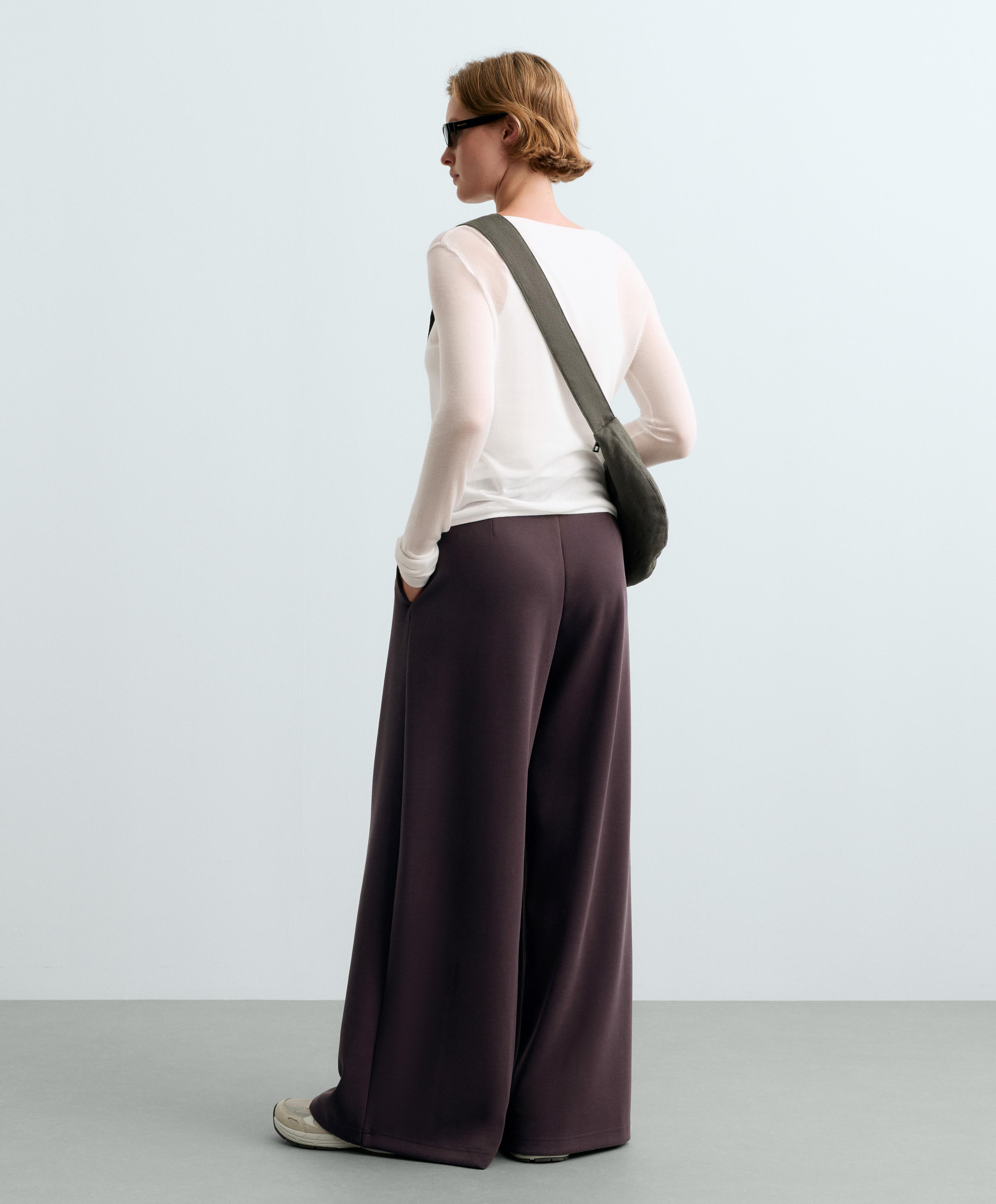 Wide-leg piqué trousers with modal — Purplish brown