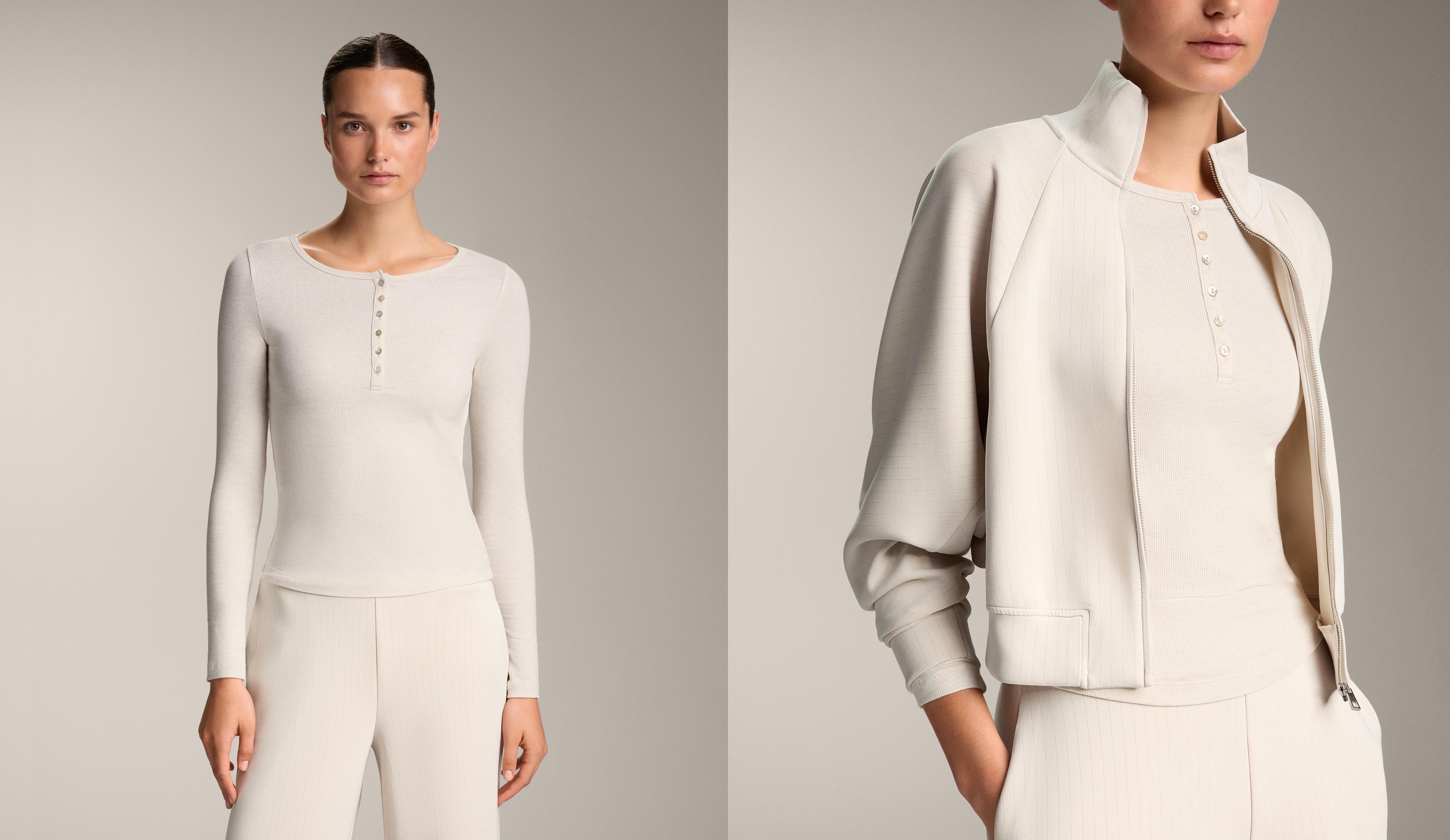 Long-sleeve button rib T-shirt with cotton and modal