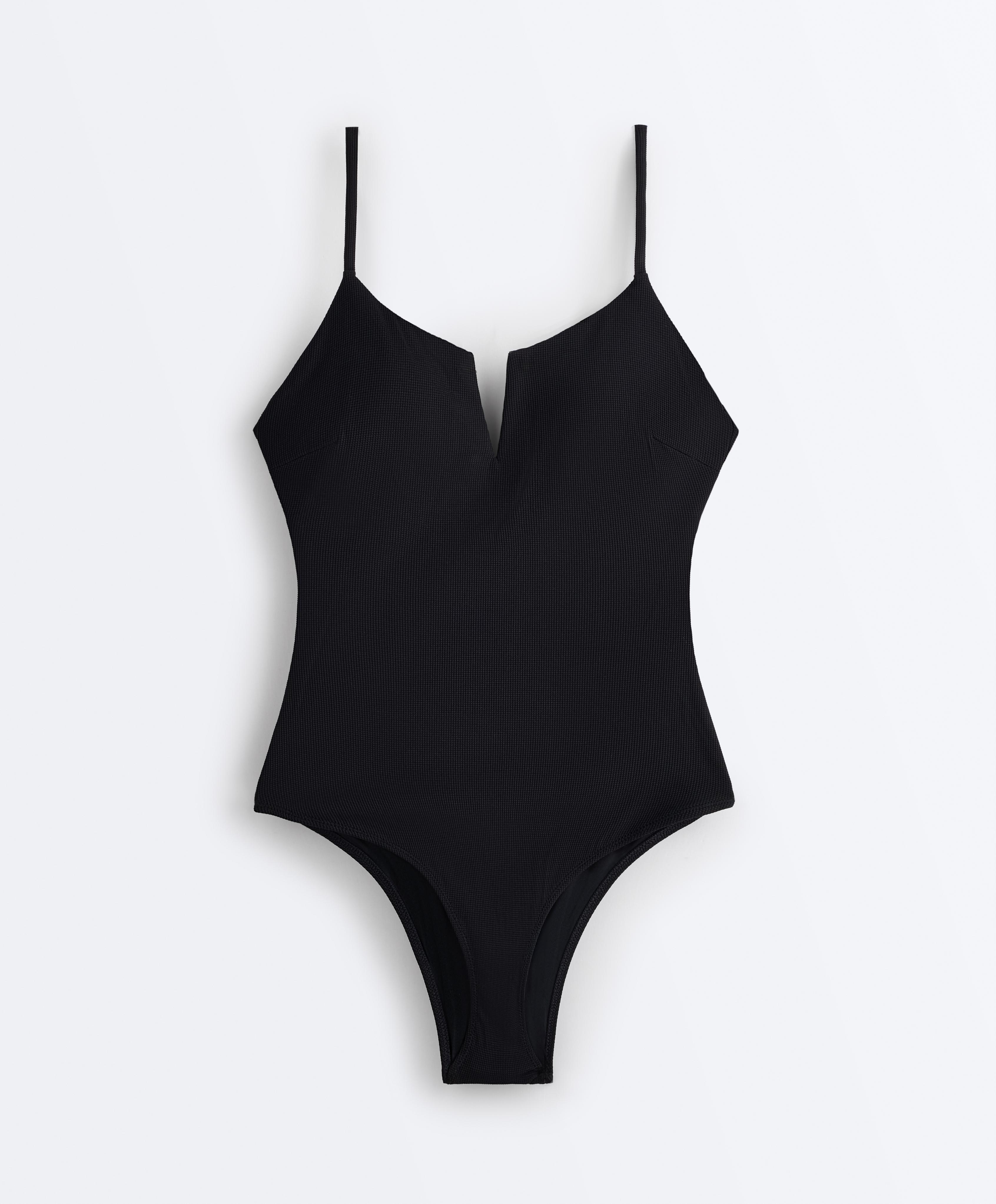 Piqué V-neck swimsuit — BLACK
