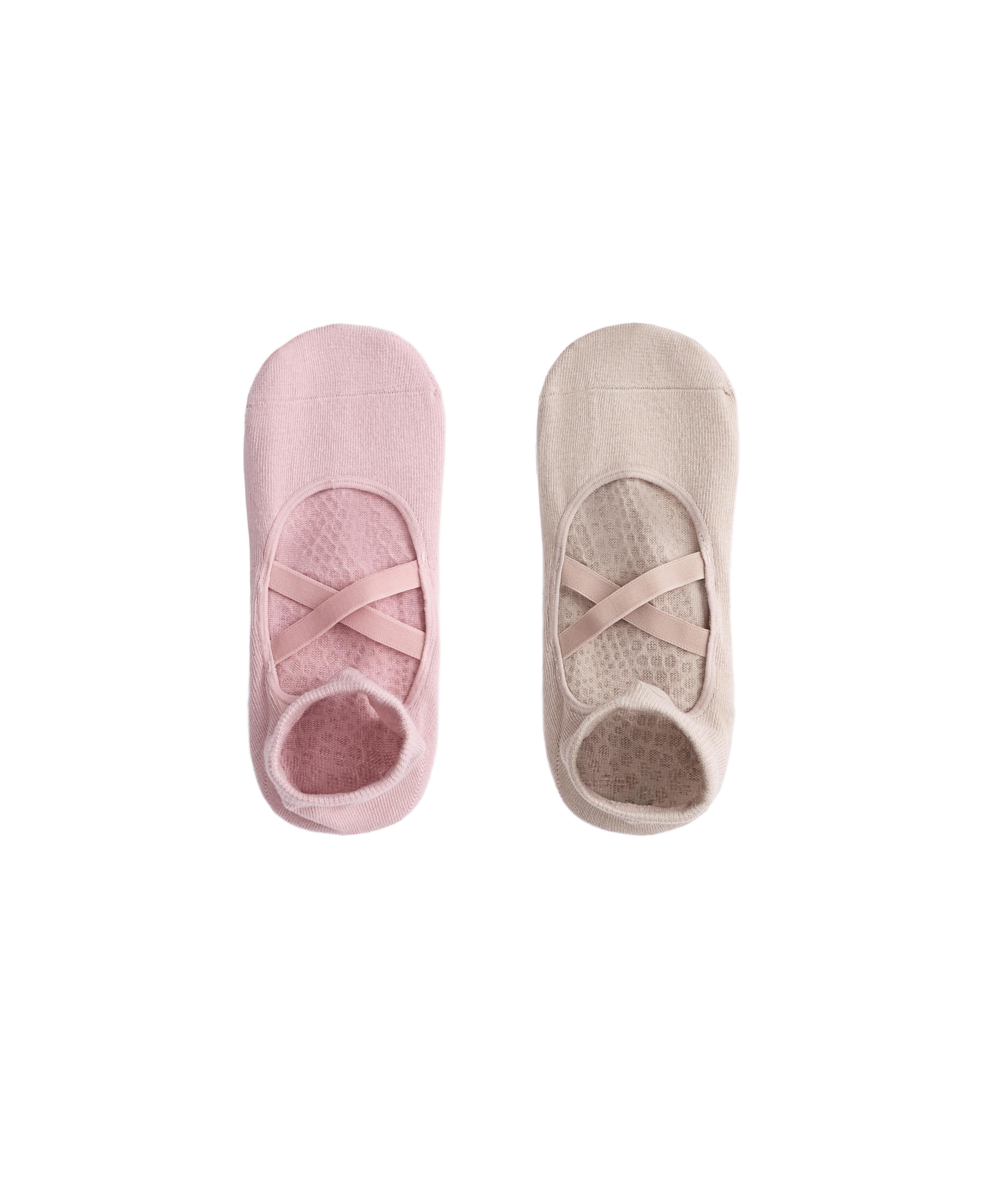 2 pairs of cotton blend yoga and Pilates sneaker socks with crossover straps — PALE PINK