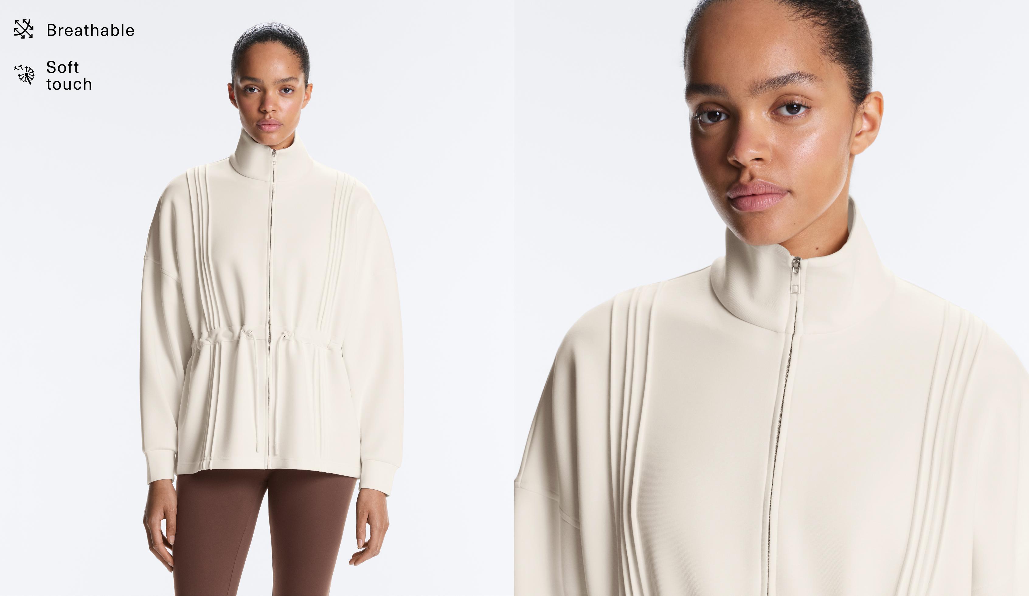 Long jacket with ribbed high neck and soft-touch modal — PALE ECRU