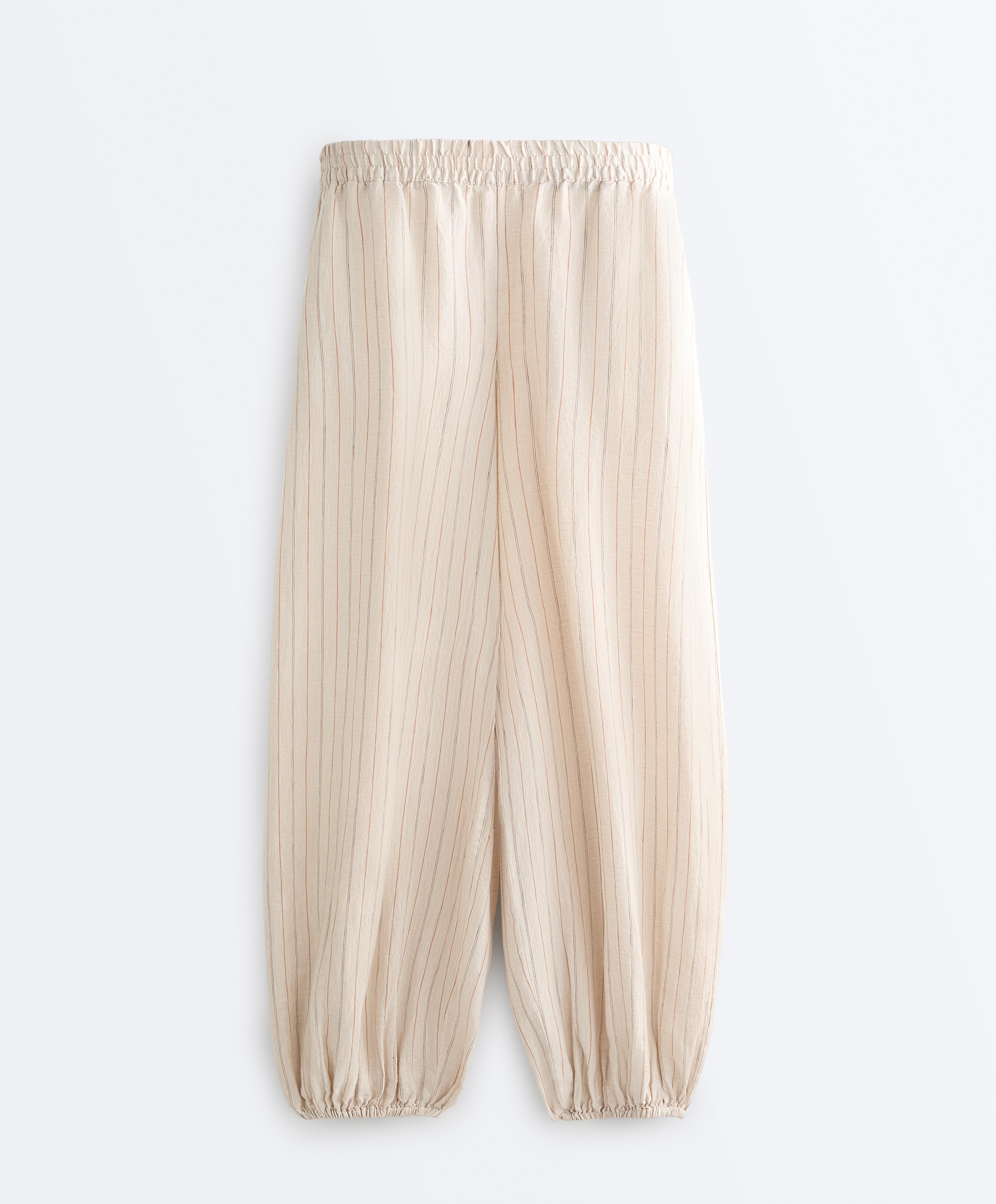 100% linen striped bloomer trousers — SAND MELANGE