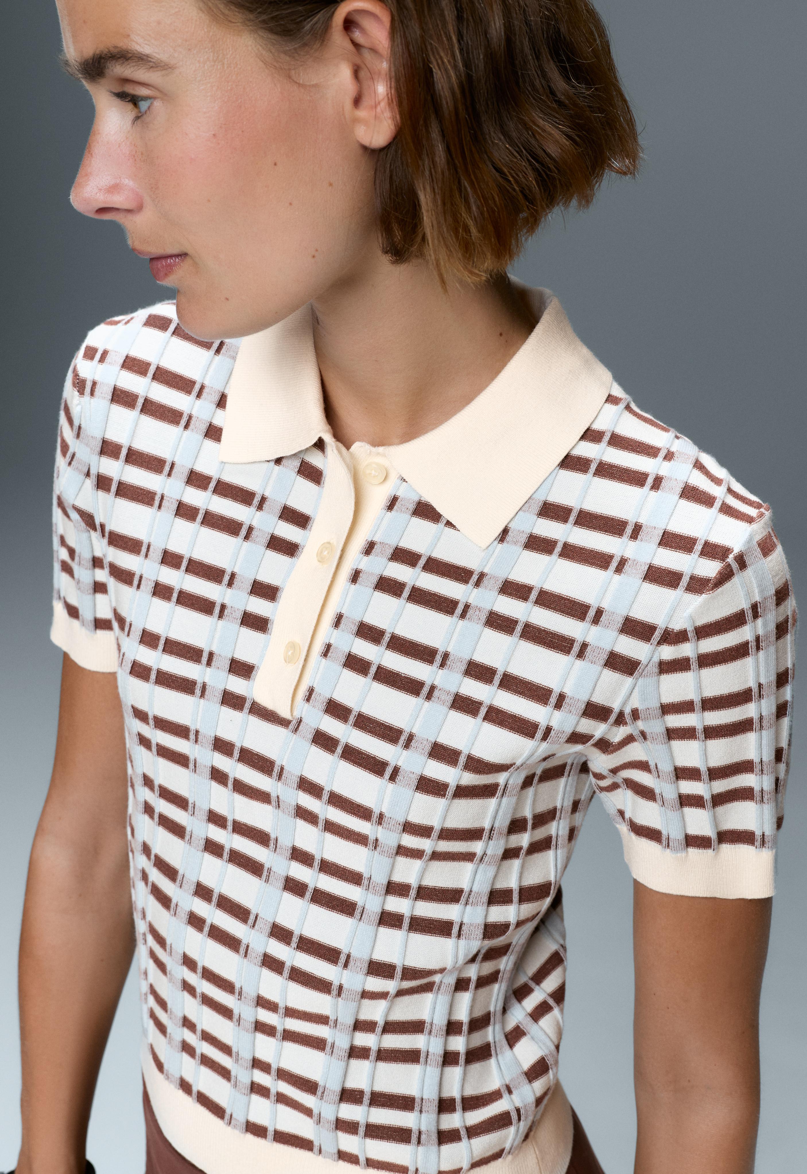 Short sleeve check knit polo shirt — PALE ECRU