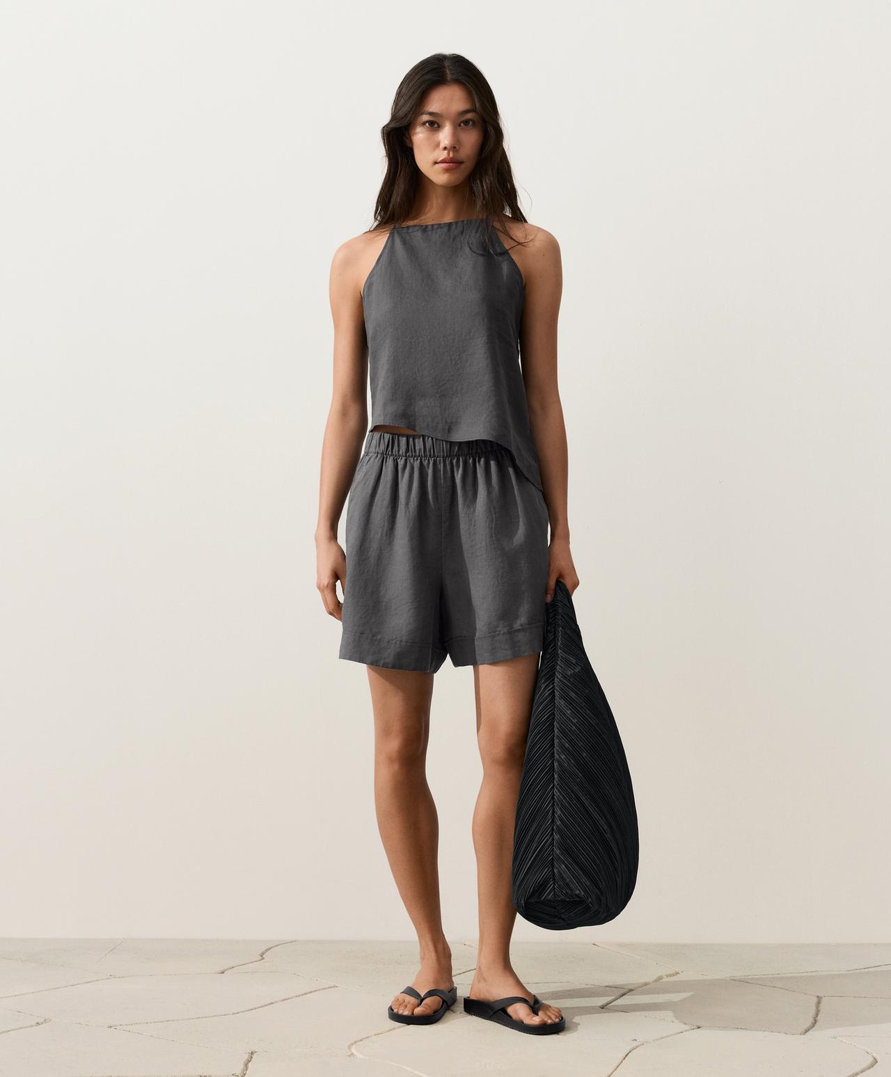 Asymmetric 100% linen sleeveless top — STEEL GREY